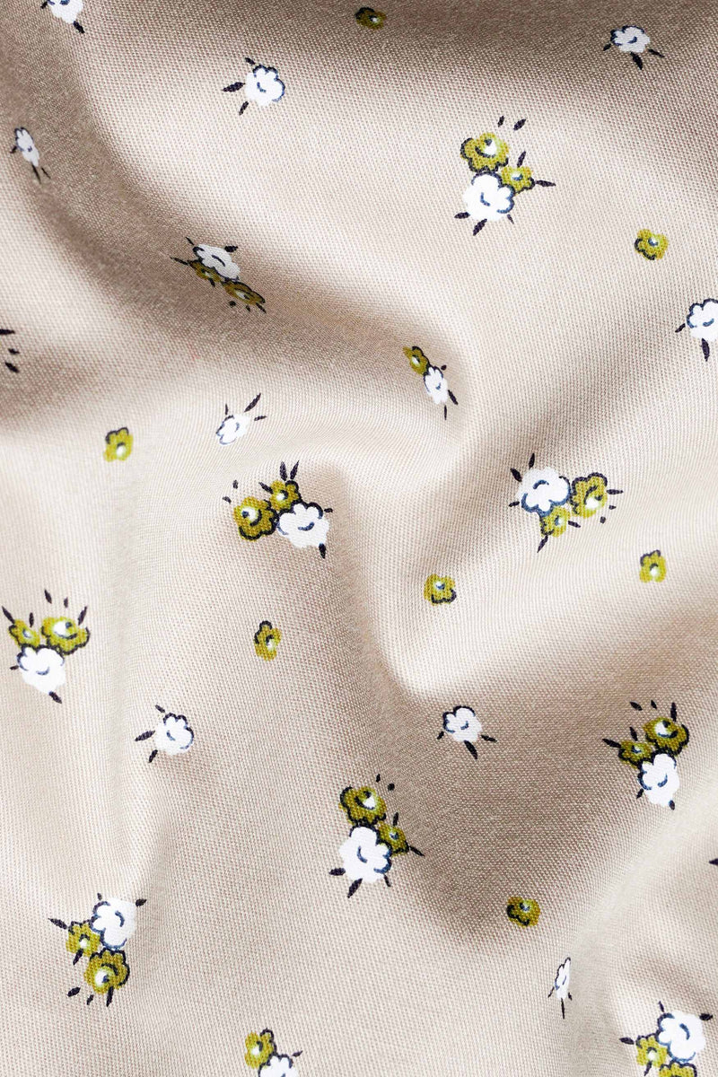 Sisal Beige and Pesto Green Floral Printed Twill Premium Cotton Designer Shirt