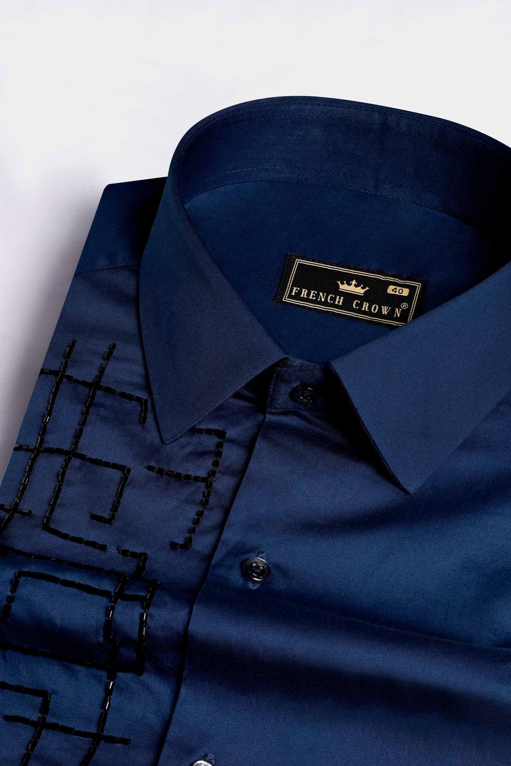 Cloud Burst Blue Moti Work Hand Stitched Subtle Sheen Super Soft Premium Cotton Designer Shirt
