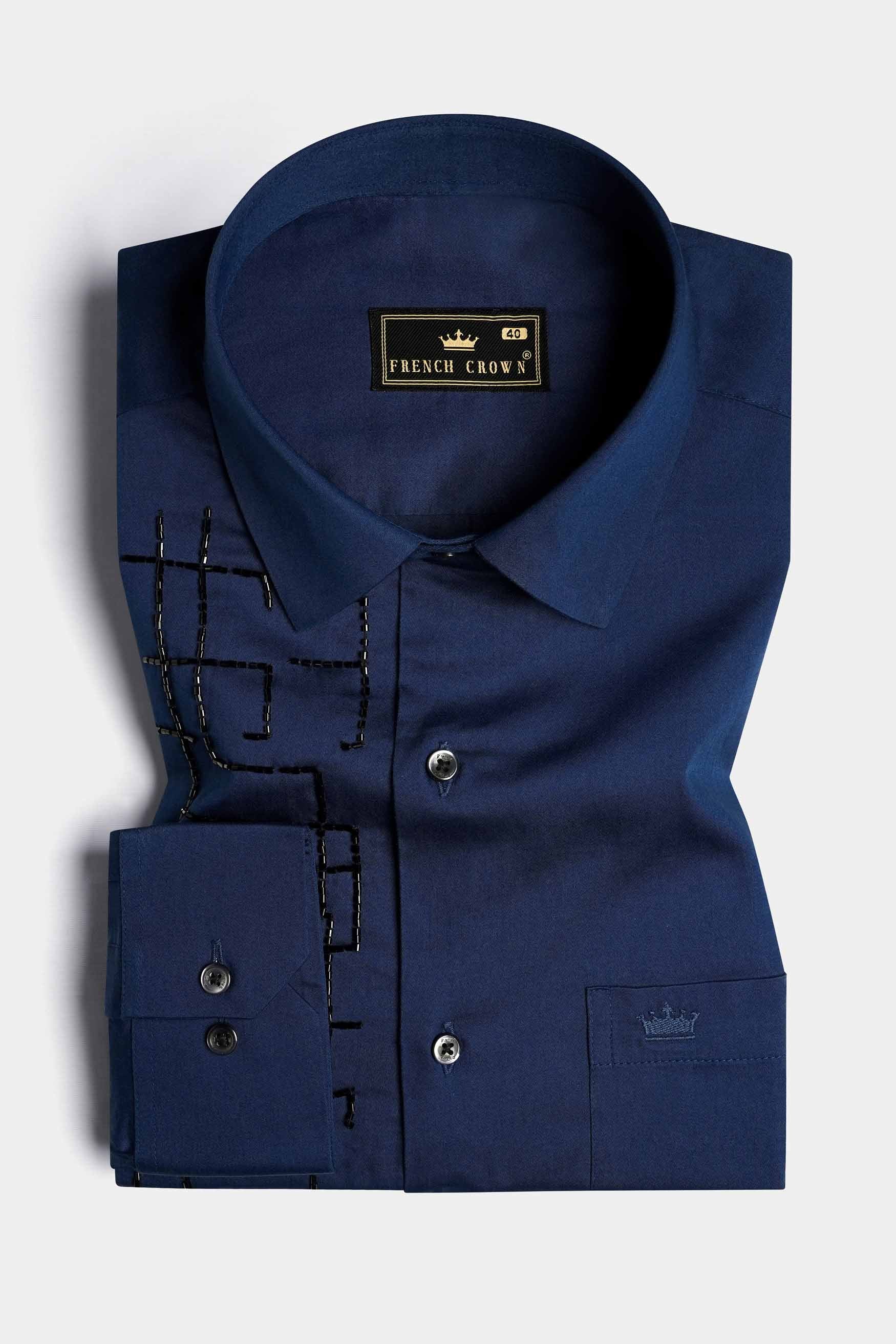 Cloud Burst Blue Moti Work Hand Stitched Subtle Sheen Super Soft Premium Cotton Designer Shirt