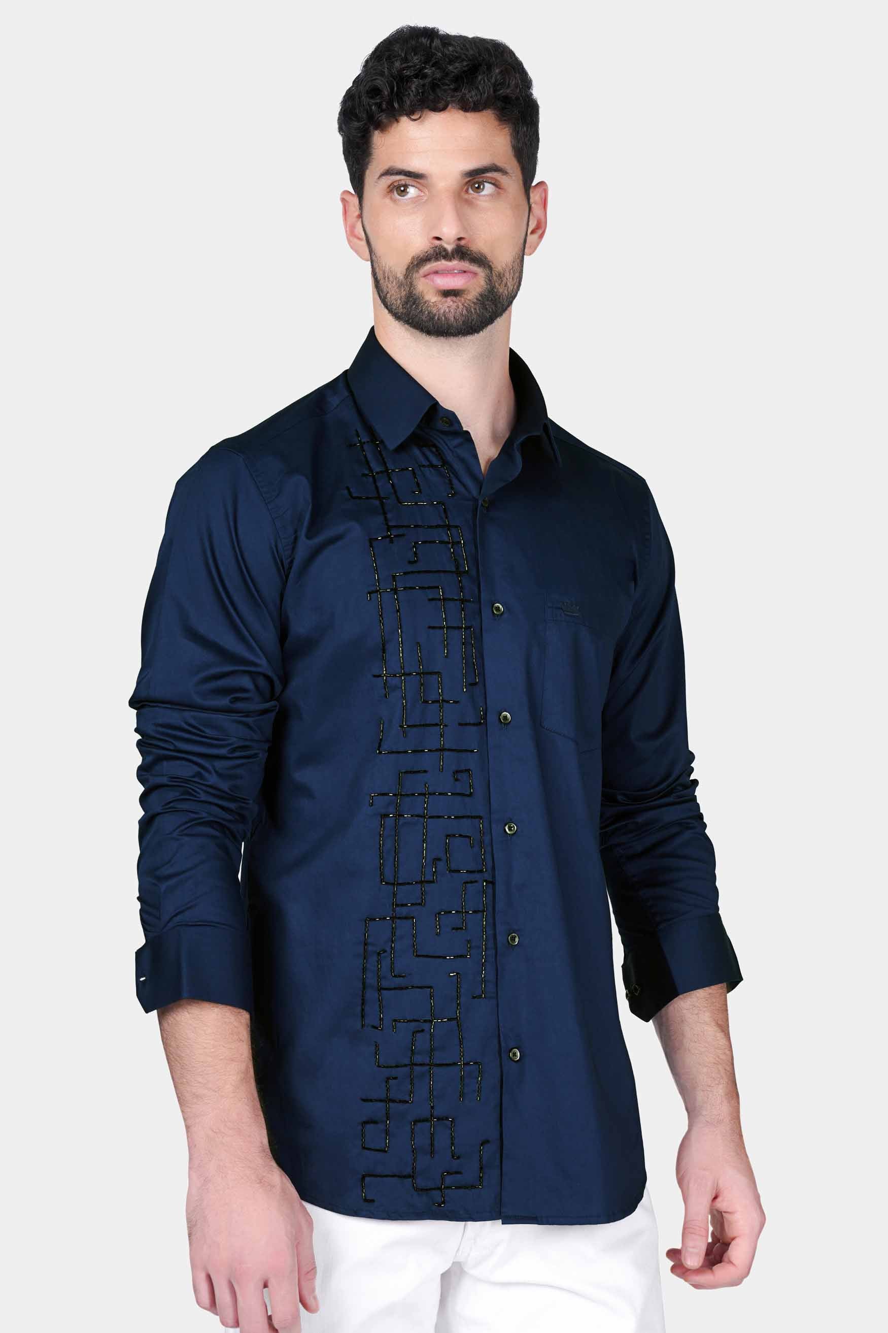 Cloud Burst Blue Moti Work Hand Stitched Subtle Sheen Super Soft Premium Cotton Designer Shirt