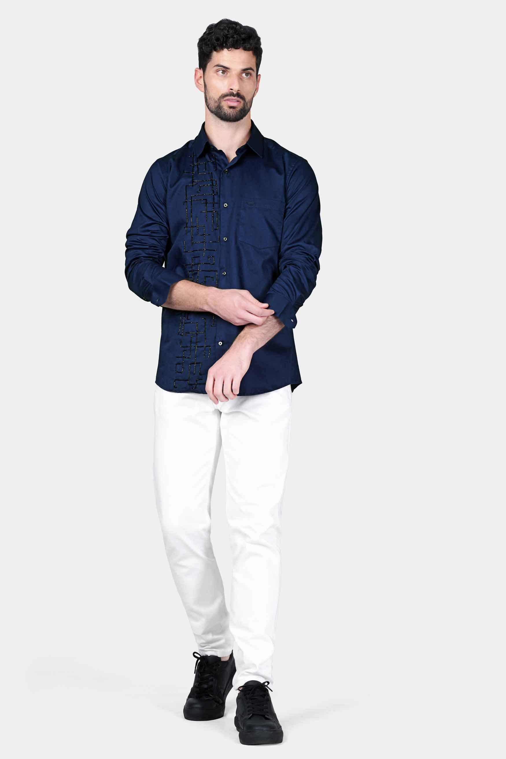 Cloud Burst Blue Moti Work Hand Stitched Subtle Sheen Super Soft Premium Cotton Designer Shirt
