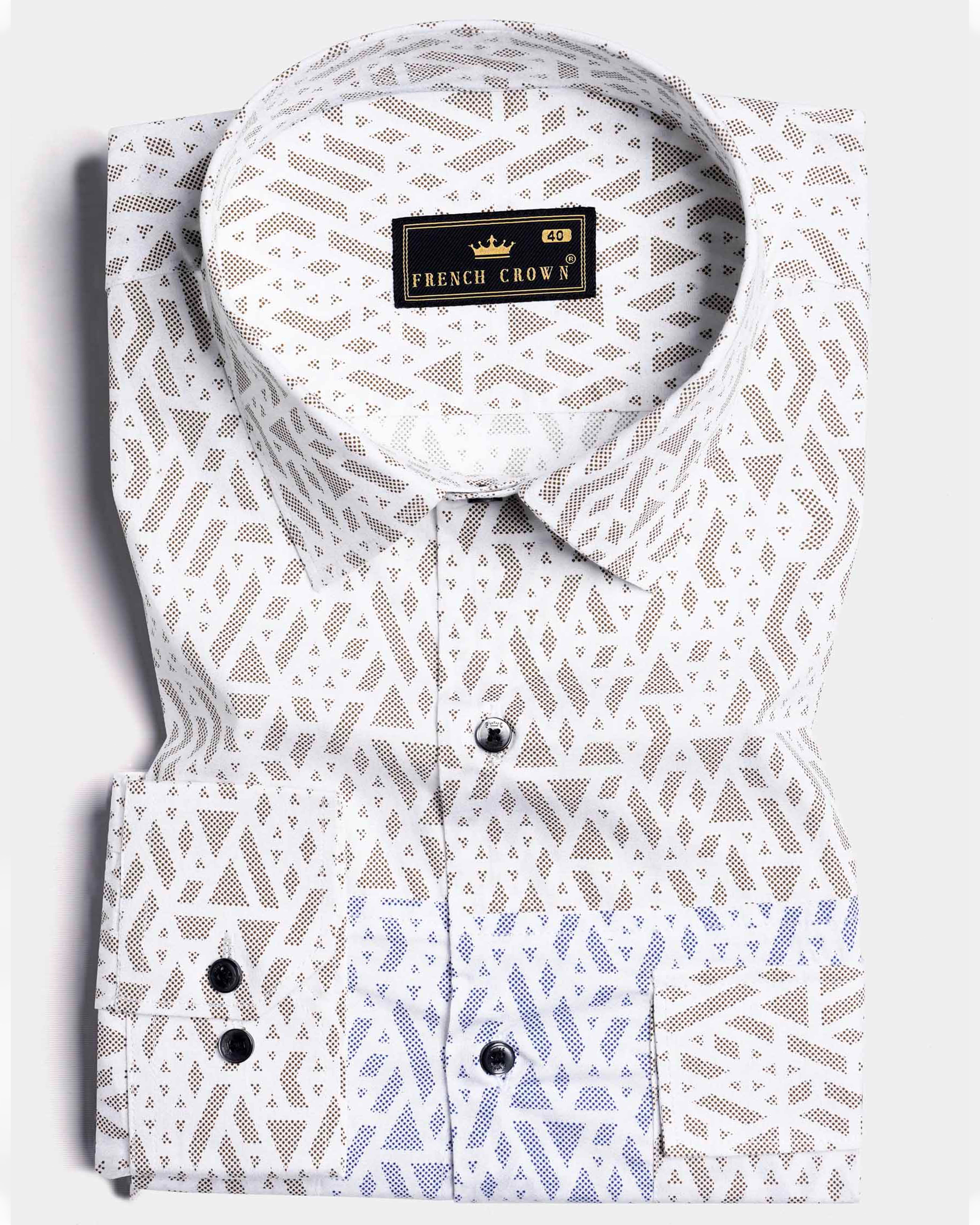 Bright White with Cork Brown and Nile Blue Printed Subtle Sheen Super Soft Premium Cotton Designer Shirt