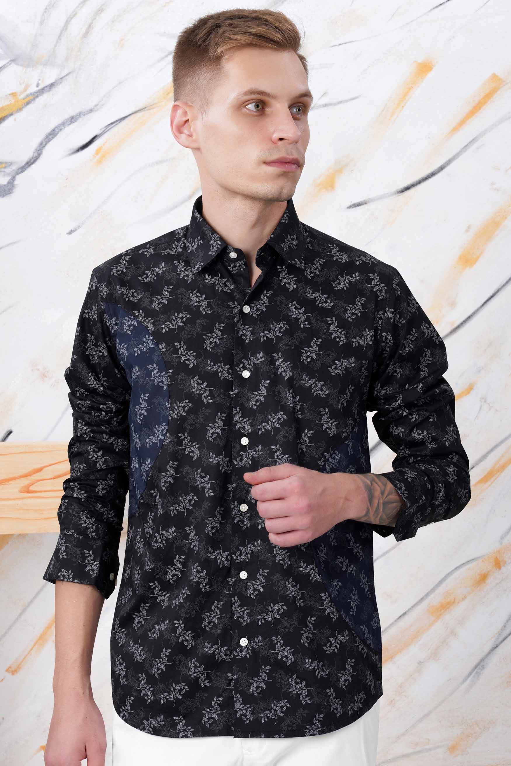 Jade Black with Nickel Gray and Ebony Blue Leaves Printed Subtle Sheen Super Soft Premium Cotton Designer Shirt 11585-P502-38, 11585-P502-H-38, 11585-P502-39, 11585-P502-H-39, 11585-P502-40, 11585-P502-H-40, 11585-P502-42, 11585-P502-H-42, 11585-P502-44, 11585-P502-H-44, 11585-P502-46, 11585-P502-H-46, 11585-P502-48, 11585-P502-H-48, 11585-P502-50, 11585-P502-H-50, 11585-P502-52, 11585-P502-H-52