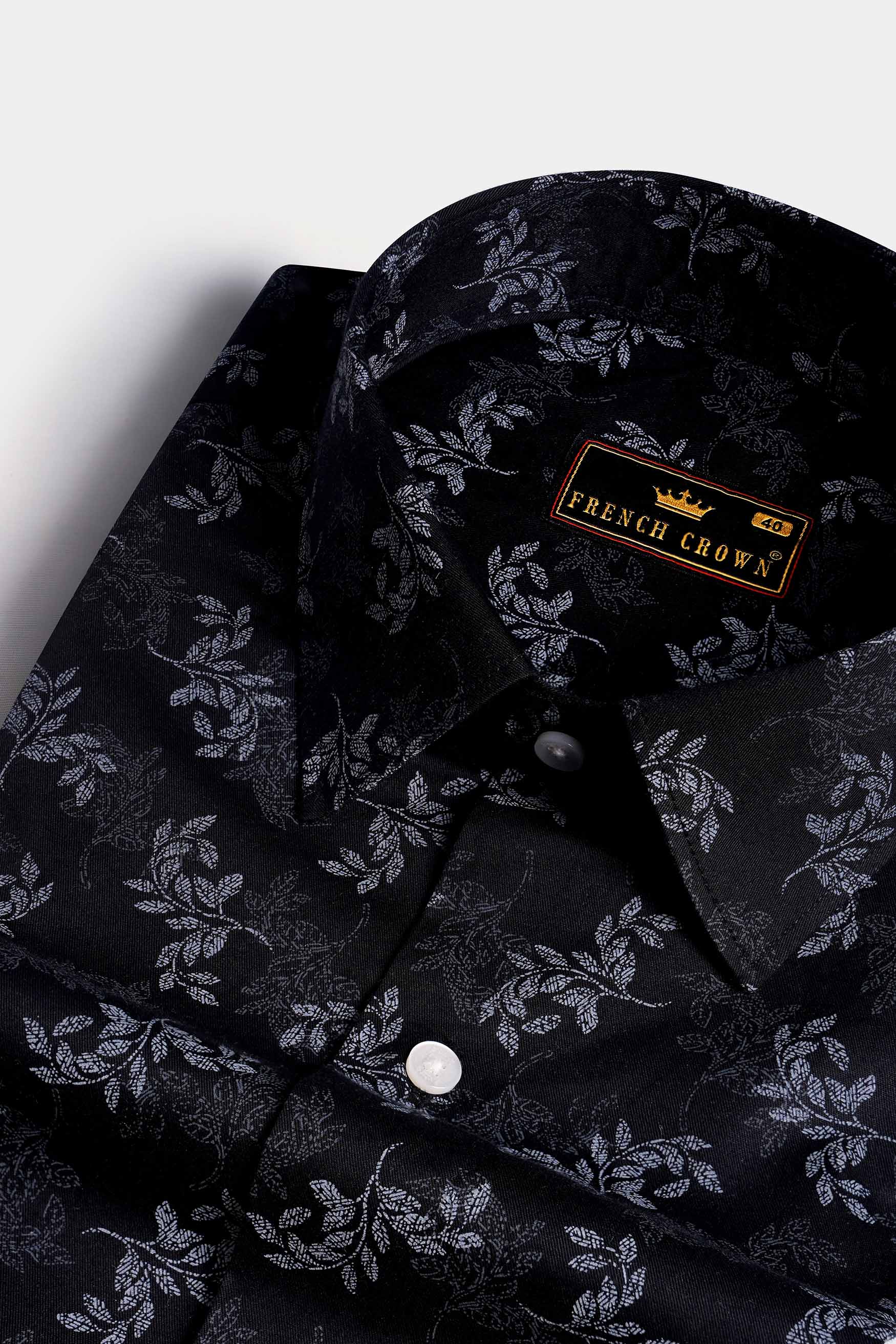 Jade Black with Nickel Gray and Ebony Blue Leaves Printed Subtle Sheen Super Soft Premium Cotton Designer Shirt 11585-P502-38, 11585-P502-H-38, 11585-P502-39, 11585-P502-H-39, 11585-P502-40, 11585-P502-H-40, 11585-P502-42, 11585-P502-H-42, 11585-P502-44, 11585-P502-H-44, 11585-P502-46, 11585-P502-H-46, 11585-P502-48, 11585-P502-H-48, 11585-P502-50, 11585-P502-H-50, 11585-P502-52, 11585-P502-H-52