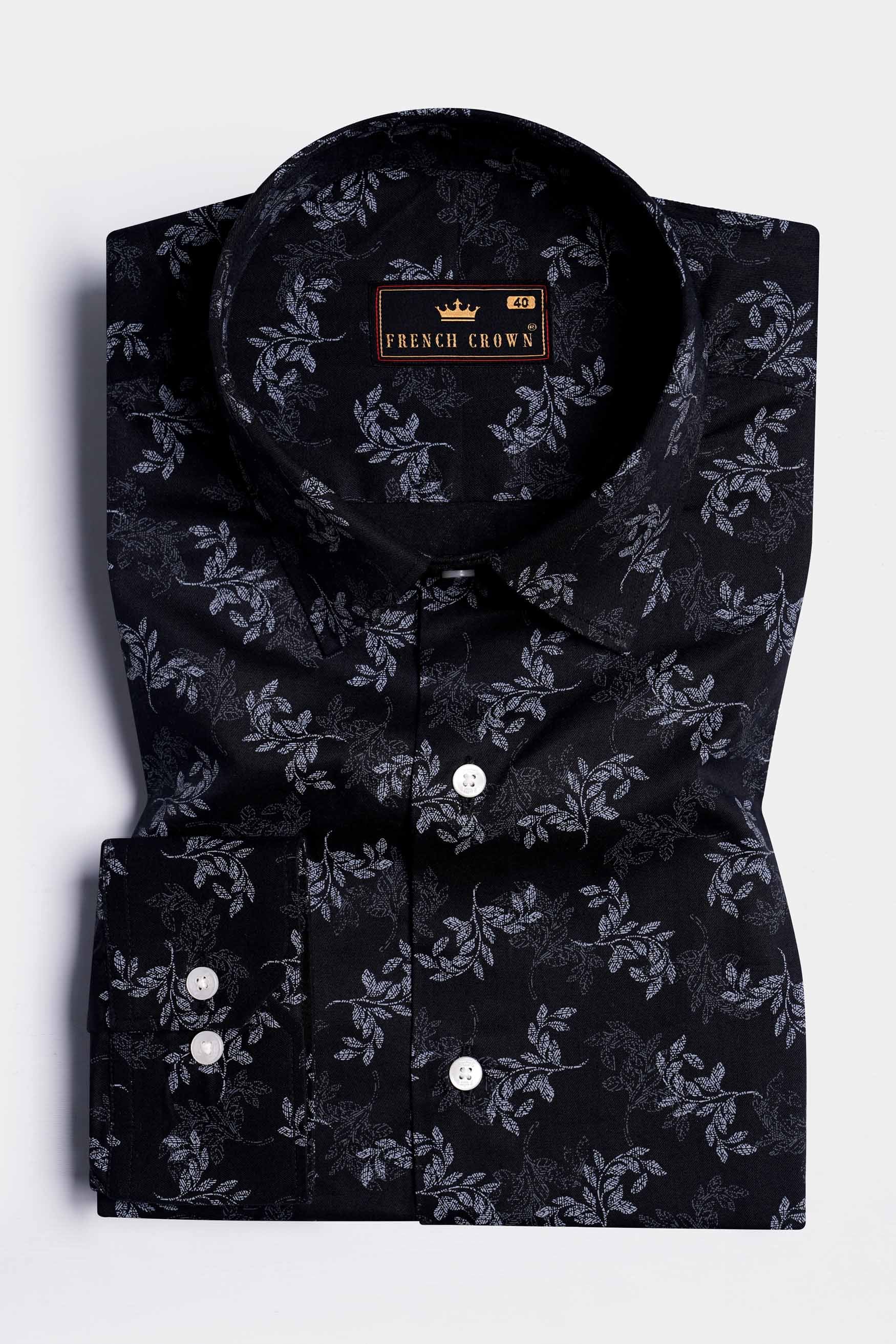Jade Black with Nickel Gray and Ebony Blue Leaves Printed Subtle Sheen Super Soft Premium Cotton Designer Shirt 11585-P502-38, 11585-P502-H-38, 11585-P502-39, 11585-P502-H-39, 11585-P502-40, 11585-P502-H-40, 11585-P502-42, 11585-P502-H-42, 11585-P502-44, 11585-P502-H-44, 11585-P502-46, 11585-P502-H-46, 11585-P502-48, 11585-P502-H-48, 11585-P502-50, 11585-P502-H-50, 11585-P502-52, 11585-P502-H-52