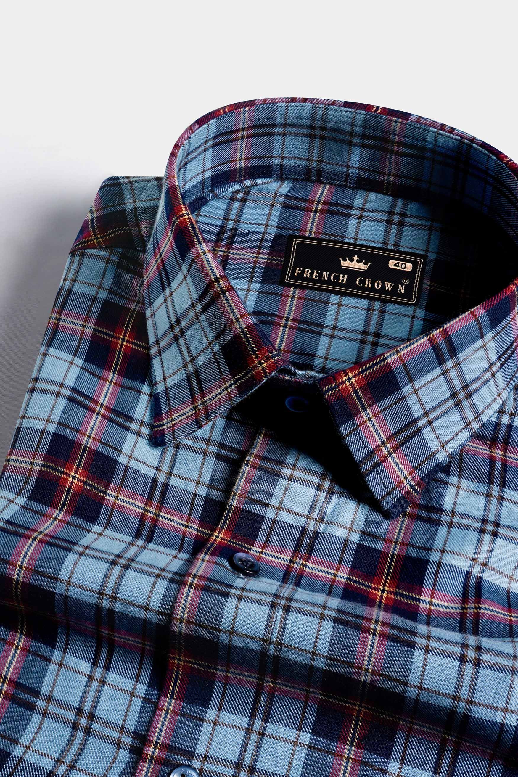 Glacier Blue and Merlot Red Twill Plaid Premium Cotton Shirt