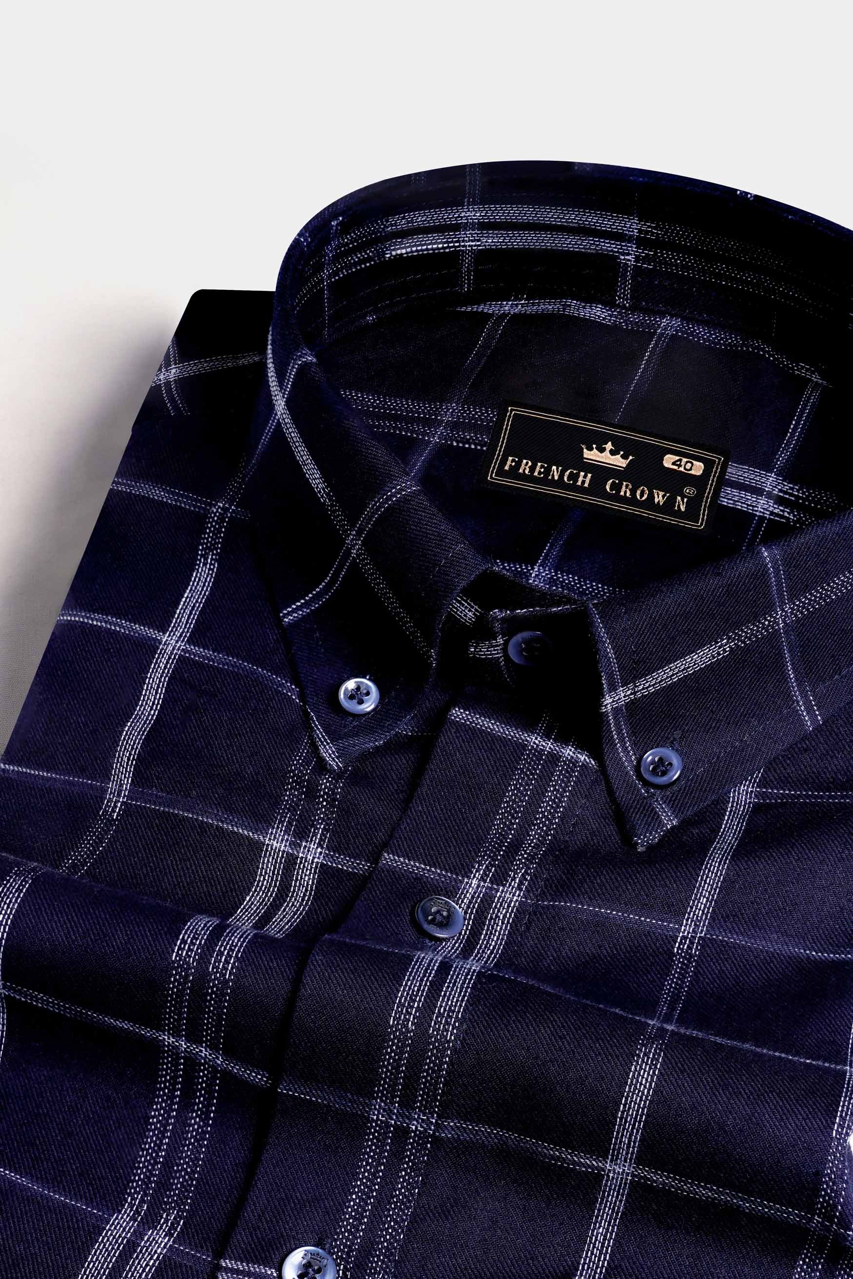 Midnight Blue and White Checkered Dobby Textured Premium Giza Cotton Shirt