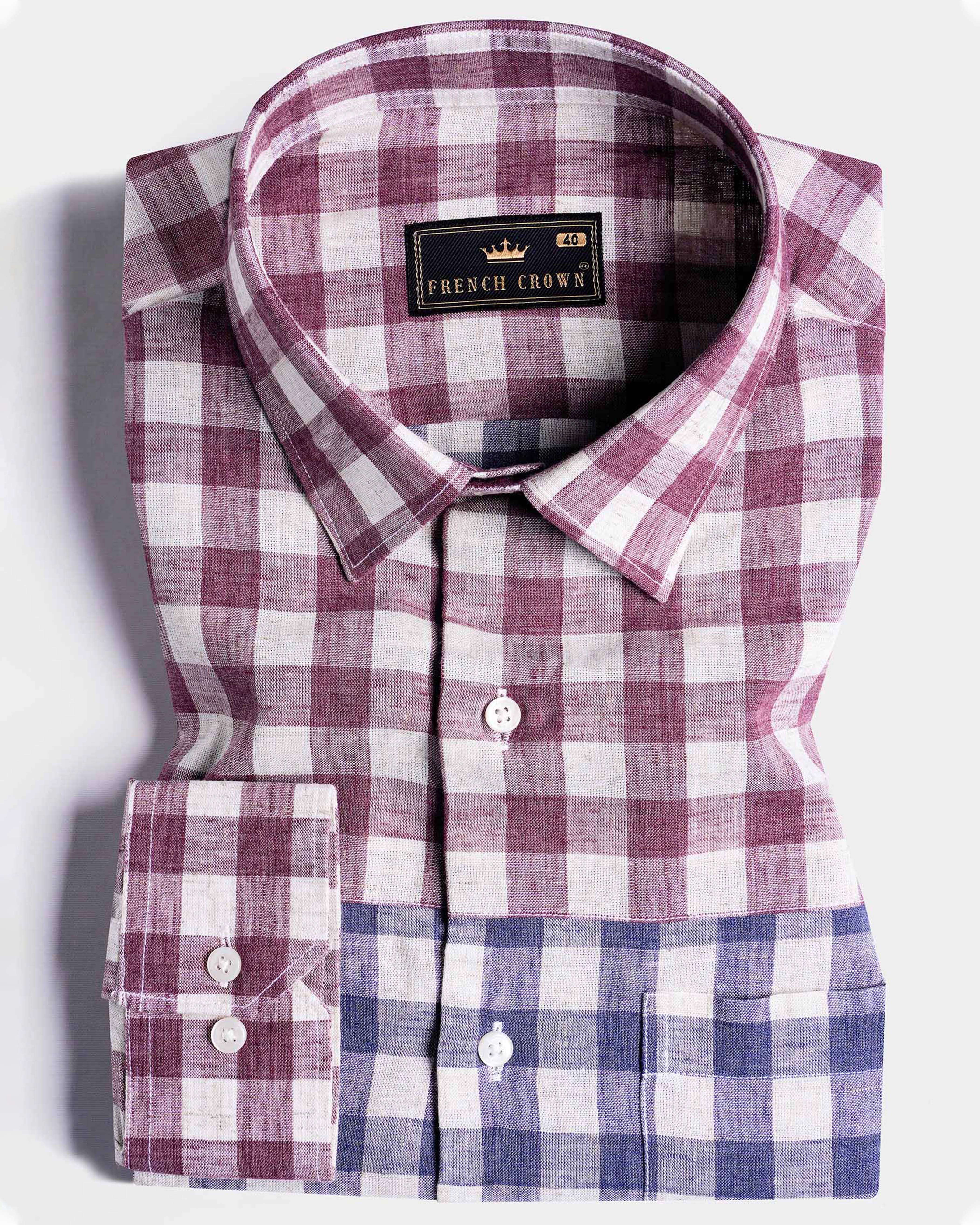 Rhino Blue with Muave Pink and White Plaid Luxurious linen Designer Shirt