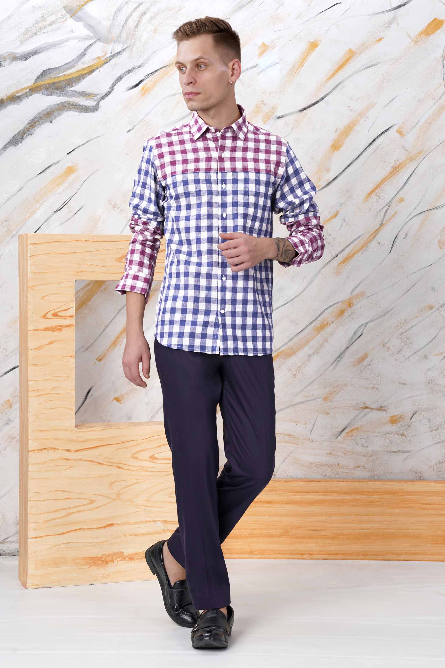 Rhino Blue with Muave Pink and White Plaid Luxurious linen Designer Shirt 11617-P575-38, 11617-P575-H-38, 11617-P575-39, 11617-P575-H-39, 11617-P575-40, 11617-P575-H-40, 11617-P575-42, 11617-P575-H-42, 11617-P575-44, 11617-P575-H-44, 11617-P575-46, 11617-P575-H-46, 11617-P575-48, 11617-P575-H-48, 11617-P575-50, 11617-P575-H-50, 11617-P575-52, 11617-P575-H-52