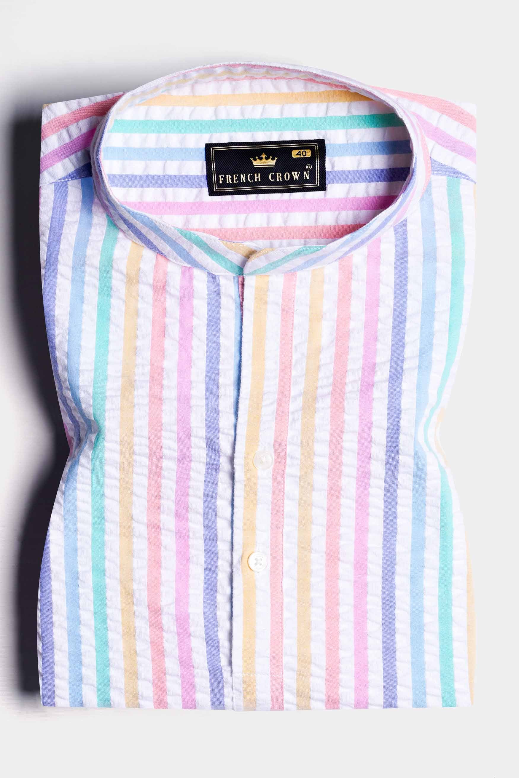 Bright White and Jagged Green Multicolour Striped Seersucker Giza Cotton Shirt 11620-M-SS-P560-38, 11620-M-SS-P560-39, 11620-M-SS-P560-40, 11620-M-SS-P560-42, 11620-M-SS-P560-44, 11620-M-SS-P560-46, 11620-M-SS-P560-48, 11620-M-SS-P560-50, 11620-M-SS-P560-52