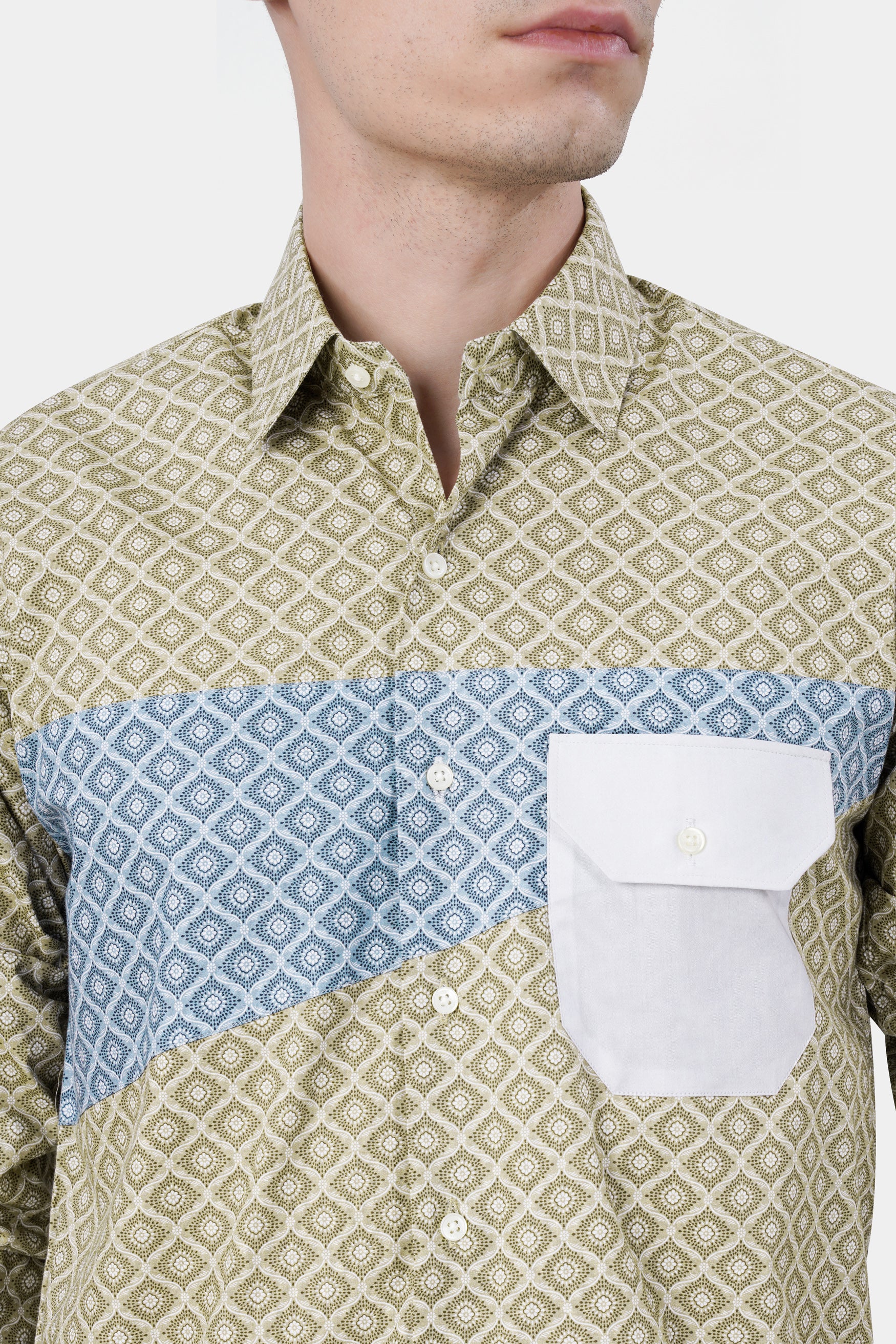 Bison Brown with Danube Blue and White Geometric Printed Premium Cotton Designer Shirt 11695-P500-38, 11695-P500-H-38, 11695-P500-39, 11695-P500-H-39, 11695-P500-40, 11695-P500-H-40, 11695-P500-42, 11695-P500-H-42, 11695-P500-44, 11695-P500-H-44, 11695-P500-46, 11695-P500-H-46, 11695-P500-48, 11695-P500-H-48, 11695-P500-50, 11695-P500-H-50, 11695-P500-52, 11695-P500-H-52