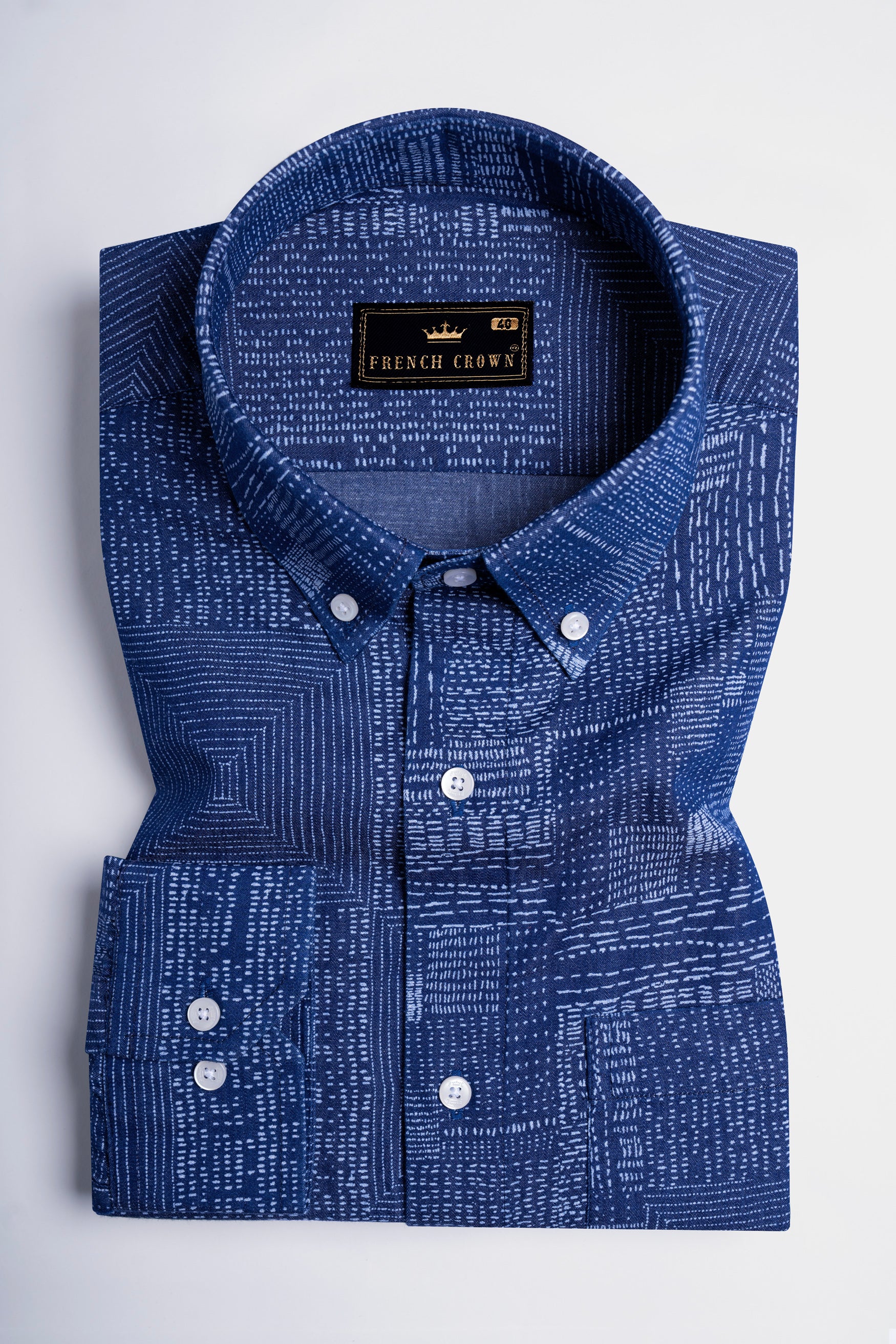 Downriver Blue and Rock Blue Printed Button Down Denim Shirt