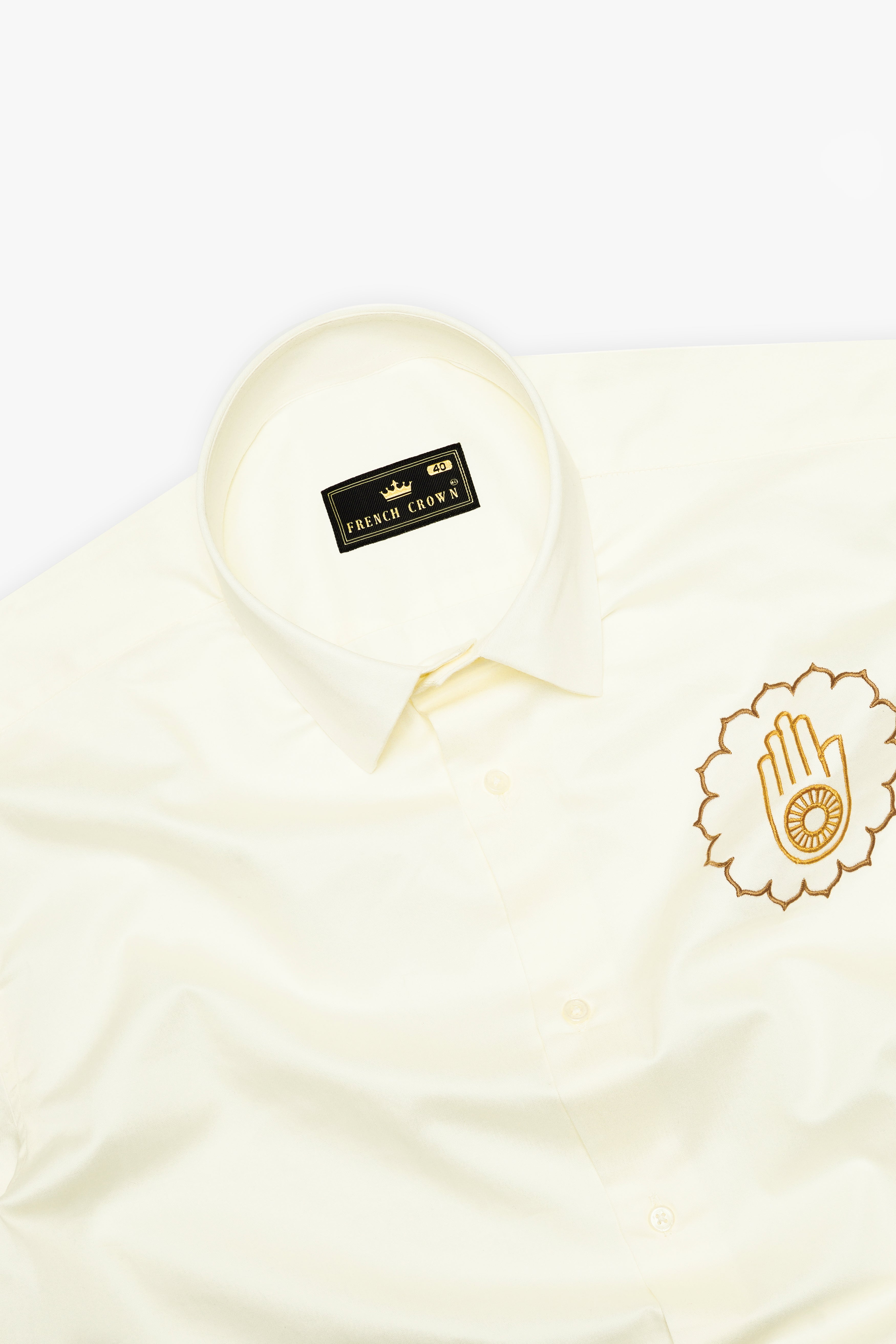 Fantasy Cream Jain Ahimsa Symbol Embroidered Subtle Sheen Super Soft Premium Cotton Designer Shirt 11935-E304-38, 11935-E304-H-38, 11935-E304-39, 11935-E304-H-39, 11935-E304-40, 11935-E304-H-40, 11935-E304-42, 11935-E304-H-42, 11935-E304-44, 11935-E304-H-44, 11935-E304-46, 11935-E304-H-46, 11935-E304-48, 11935-E304-H-48, 11935-E304-50, 11935-E304-H-50, 11935-E304-52, 11935-E304-H-52