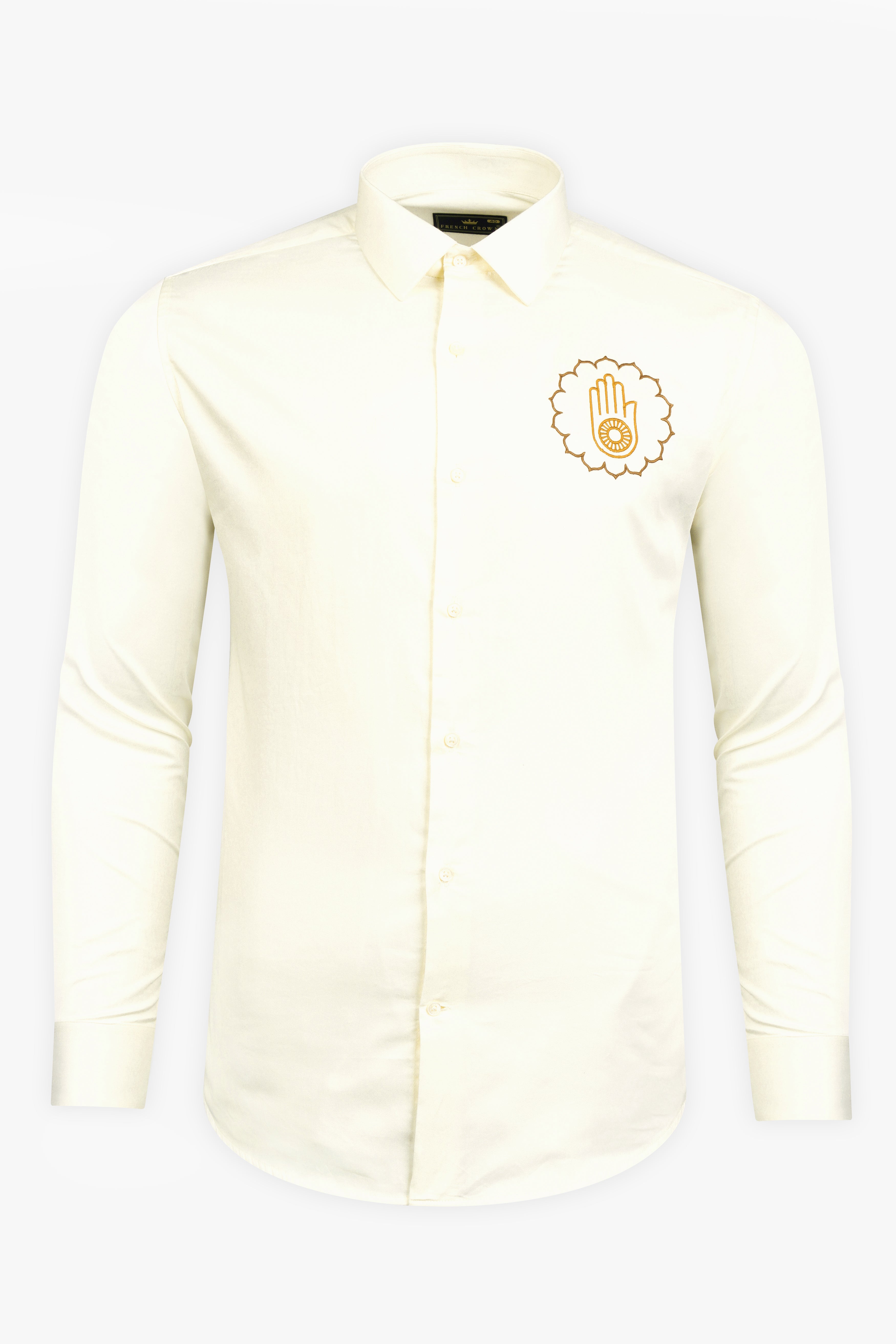 Fantasy Cream Jain Ahimsa Symbol Embroidered Subtle Sheen Super Soft Premium Cotton Designer Shirt 11935-E304-38, 11935-E304-H-38, 11935-E304-39, 11935-E304-H-39, 11935-E304-40, 11935-E304-H-40, 11935-E304-42, 11935-E304-H-42, 11935-E304-44, 11935-E304-H-44, 11935-E304-46, 11935-E304-H-46, 11935-E304-48, 11935-E304-H-48, 11935-E304-50, 11935-E304-H-50, 11935-E304-52, 11935-E304-H-52