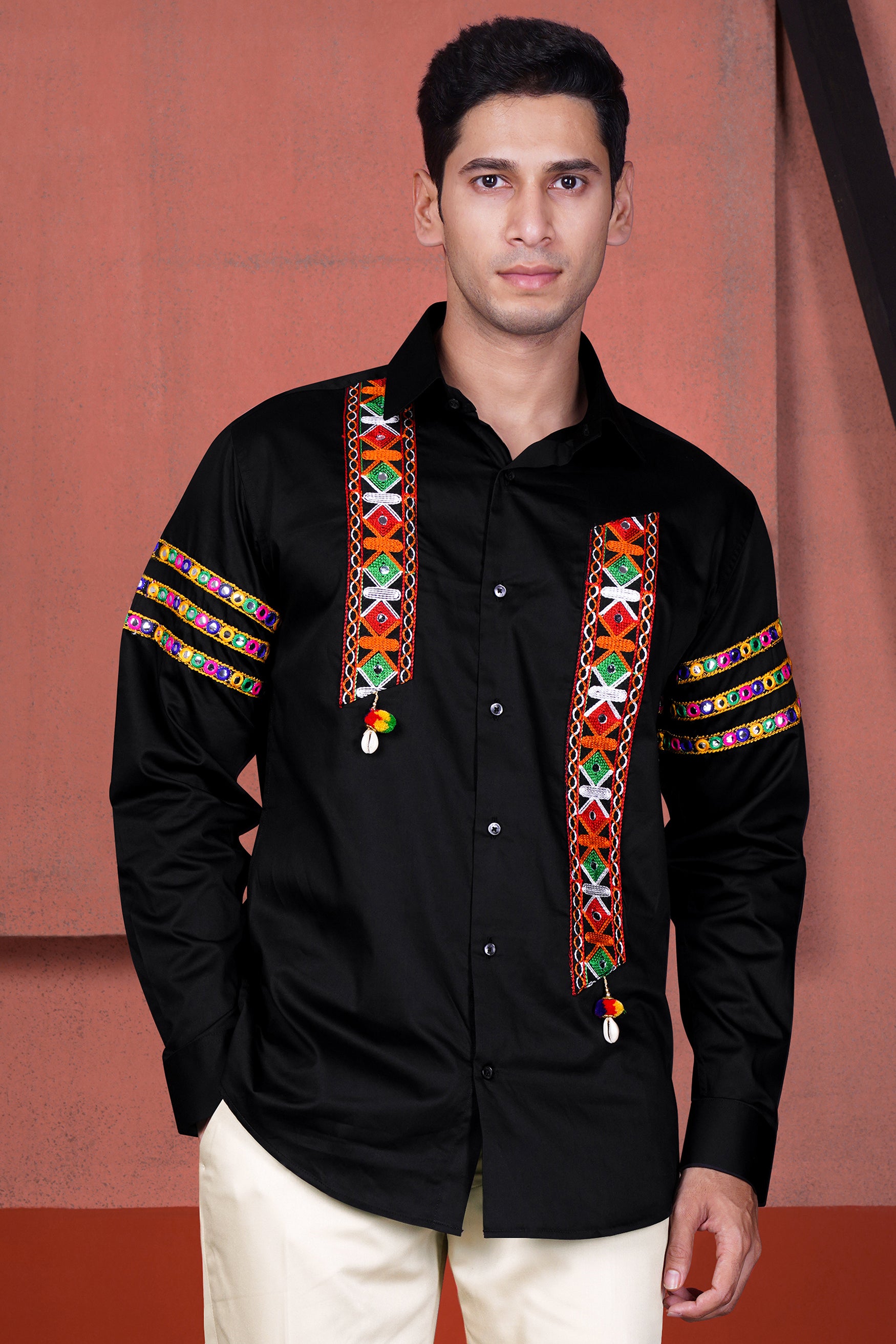 Jade Black with Multicolor Kutch Work Patches Subtle Sheen Super Soft Premium Cotton Designer Shirt 11937-BLK-E298-38, 11937-BLK-E298-H-38, 11937-BLK-E298-39, 11937-BLK-E298-H-39, 11937-BLK-E298-40, 11937-BLK-E298-H-40, 11937-BLK-E298-42, 11937-BLK-E298-H-42, 11937-BLK-E298-44, 11937-BLK-E298-H-44, 11937-BLK-E298-46, 11937-BLK-E298-H-46, 11937-BLK-E298-48, 11937-BLK-E298-H-48, 11937-BLK-E298-50, 11937-BLK-E298-H-50, 11937-BLK-E298-52, 11937-BLK-E298-H-52