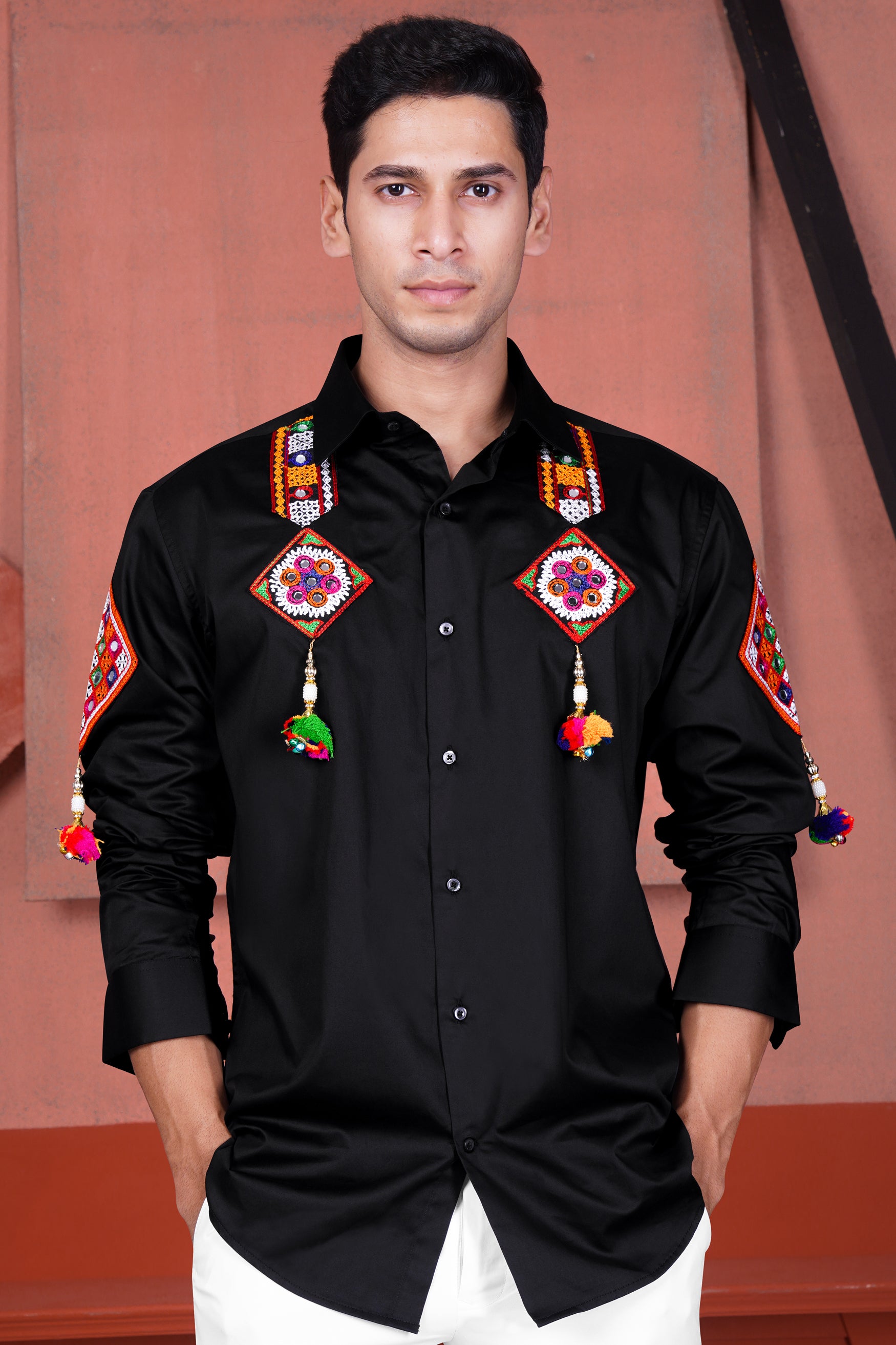 Jade Black with Multicolor Kutch Work Patches and Laces Subtle Sheen Super Soft Premium Cotton Designer Shirt 11938-BLK-E299-38, 11938-BLK-E299-H-38, 11938-BLK-E299-39, 11938-BLK-E299-H-39, 11938-BLK-E299-40, 11938-BLK-E299-H-40, 11938-BLK-E299-42, 11938-BLK-E299-H-42, 11938-BLK-E299-44, 11938-BLK-E299-H-44, 11938-BLK-E299-46, 11938-BLK-E299-H-46, 11938-BLK-E299-48, 11938-BLK-E299-H-48, 11938-BLK-E299-50, 11938-BLK-E299-H-50, 11938-BLK-E299-52, 11938-BLK-E299-H-52