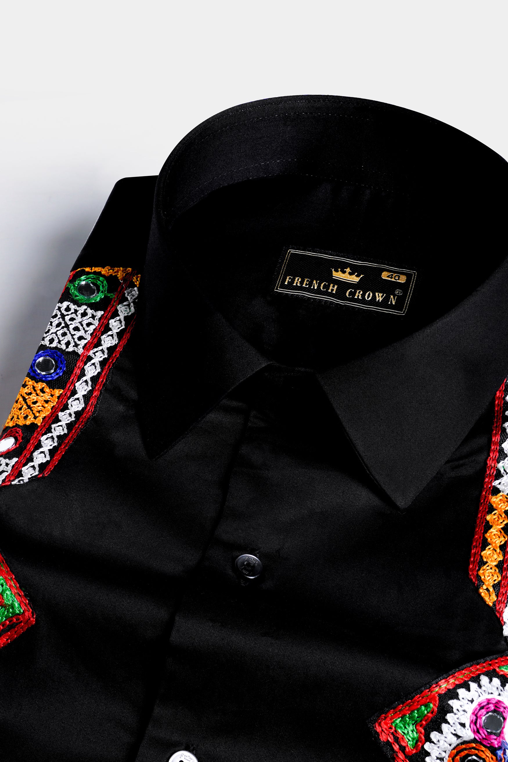 Jade Black with Multicolor Kutch Work Patches and Laces Subtle Sheen Super Soft Premium Cotton Designer Shirt 11938-BLK-E299-38, 11938-BLK-E299-H-38, 11938-BLK-E299-39, 11938-BLK-E299-H-39, 11938-BLK-E299-40, 11938-BLK-E299-H-40, 11938-BLK-E299-42, 11938-BLK-E299-H-42, 11938-BLK-E299-44, 11938-BLK-E299-H-44, 11938-BLK-E299-46, 11938-BLK-E299-H-46, 11938-BLK-E299-48, 11938-BLK-E299-H-48, 11938-BLK-E299-50, 11938-BLK-E299-H-50, 11938-BLK-E299-52, 11938-BLK-E299-H-52