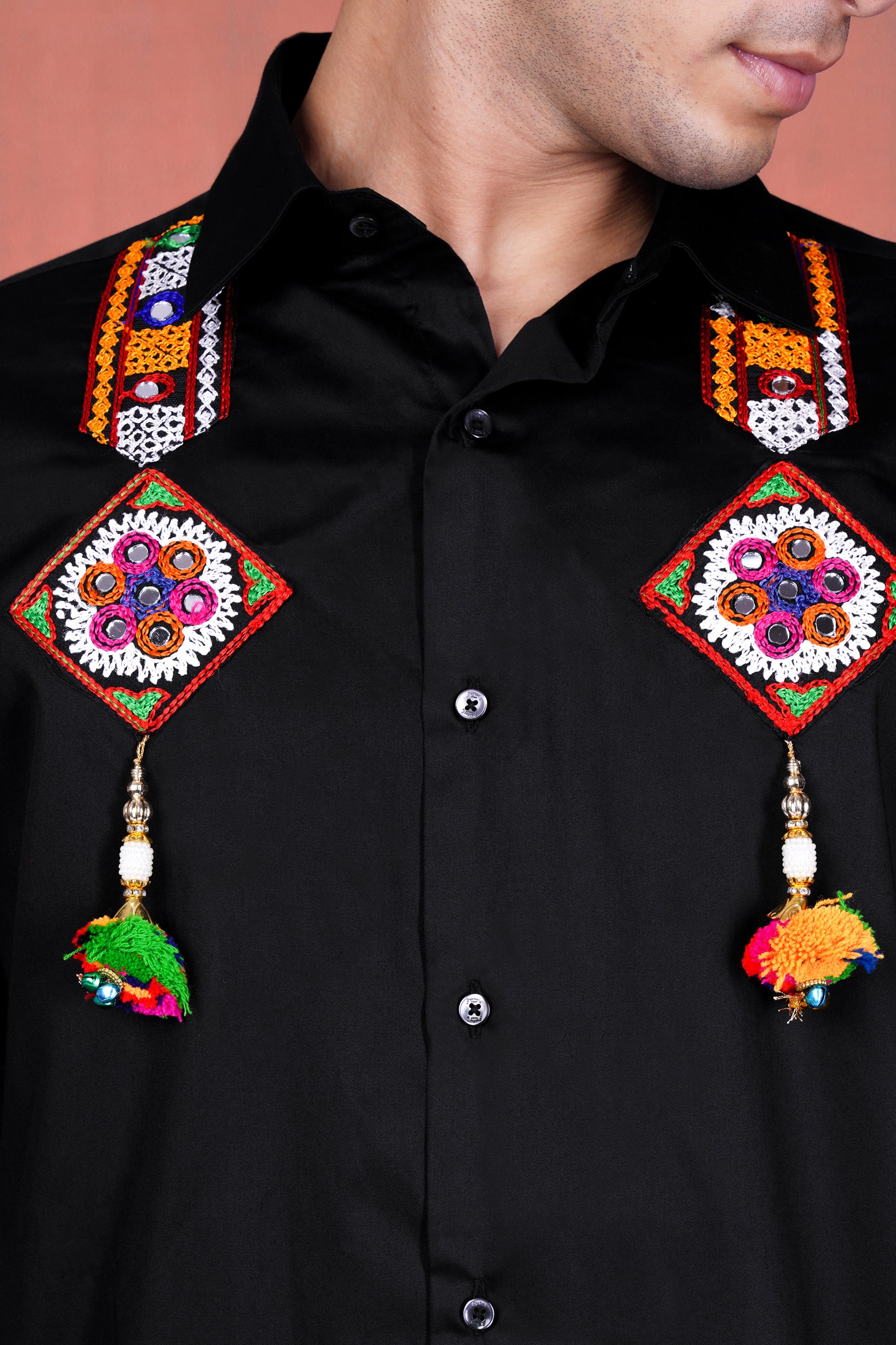 Jade Black with Multicolor Kutch Work Patches and Laces Subtle Sheen Super Soft Premium Cotton Designer Shirt 11938-BLK-E299-38, 11938-BLK-E299-H-38, 11938-BLK-E299-39, 11938-BLK-E299-H-39, 11938-BLK-E299-40, 11938-BLK-E299-H-40, 11938-BLK-E299-42, 11938-BLK-E299-H-42, 11938-BLK-E299-44, 11938-BLK-E299-H-44, 11938-BLK-E299-46, 11938-BLK-E299-H-46, 11938-BLK-E299-48, 11938-BLK-E299-H-48, 11938-BLK-E299-50, 11938-BLK-E299-H-50, 11938-BLK-E299-52, 11938-BLK-E299-H-52