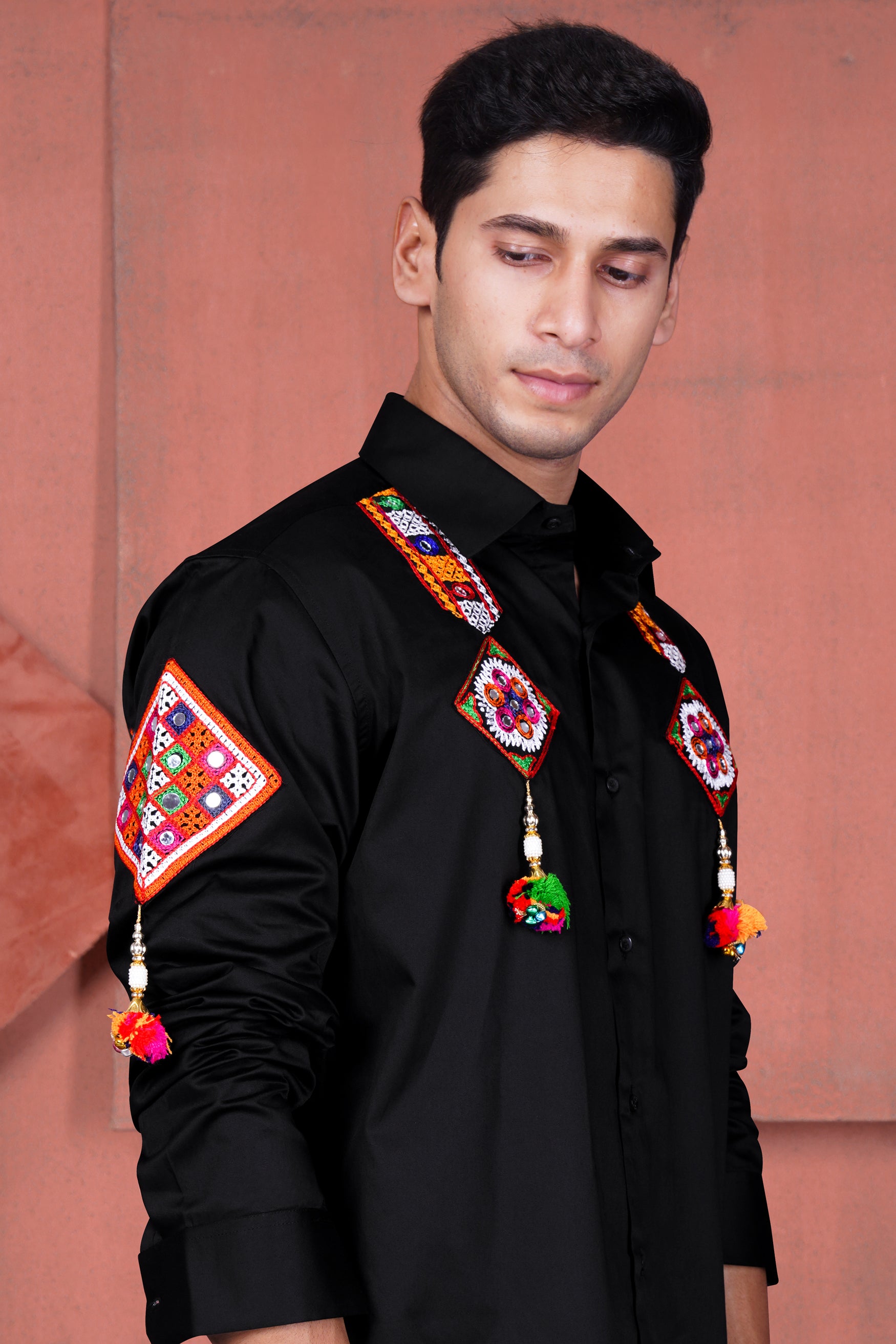 Jade Black with Multicolor Kutch Work Patches and Laces Subtle Sheen Super Soft Premium Cotton Designer Shirt 11938-BLK-E299-38, 11938-BLK-E299-H-38, 11938-BLK-E299-39, 11938-BLK-E299-H-39, 11938-BLK-E299-40, 11938-BLK-E299-H-40, 11938-BLK-E299-42, 11938-BLK-E299-H-42, 11938-BLK-E299-44, 11938-BLK-E299-H-44, 11938-BLK-E299-46, 11938-BLK-E299-H-46, 11938-BLK-E299-48, 11938-BLK-E299-H-48, 11938-BLK-E299-50, 11938-BLK-E299-H-50, 11938-BLK-E299-52, 11938-BLK-E299-H-52