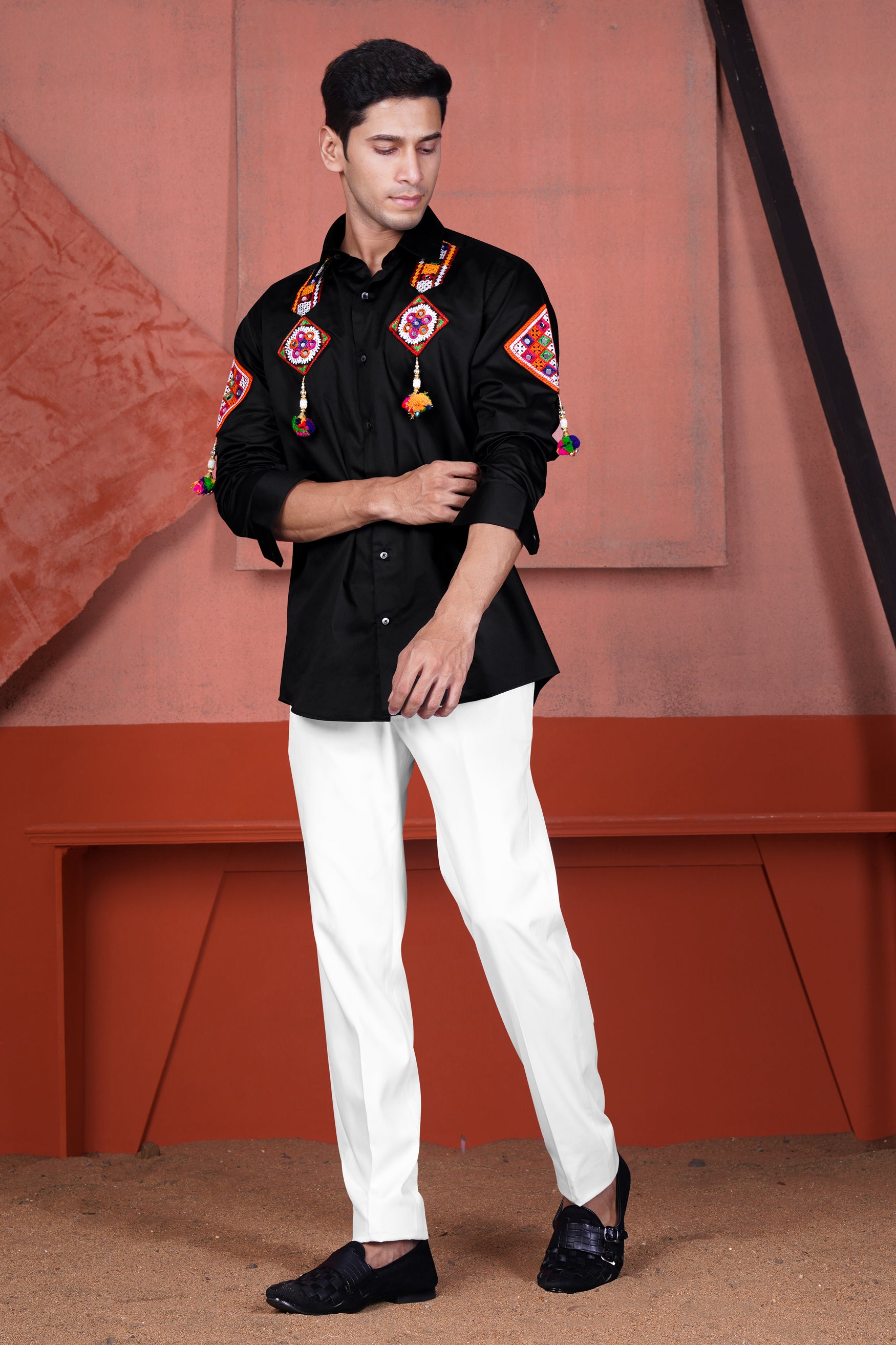 Jade Black with Multicolor Kutch Work Patches and Laces Subtle Sheen Super Soft Premium Cotton Designer Shirt 11938-BLK-E299-38, 11938-BLK-E299-H-38, 11938-BLK-E299-39, 11938-BLK-E299-H-39, 11938-BLK-E299-40, 11938-BLK-E299-H-40, 11938-BLK-E299-42, 11938-BLK-E299-H-42, 11938-BLK-E299-44, 11938-BLK-E299-H-44, 11938-BLK-E299-46, 11938-BLK-E299-H-46, 11938-BLK-E299-48, 11938-BLK-E299-H-48, 11938-BLK-E299-50, 11938-BLK-E299-H-50, 11938-BLK-E299-52, 11938-BLK-E299-H-52