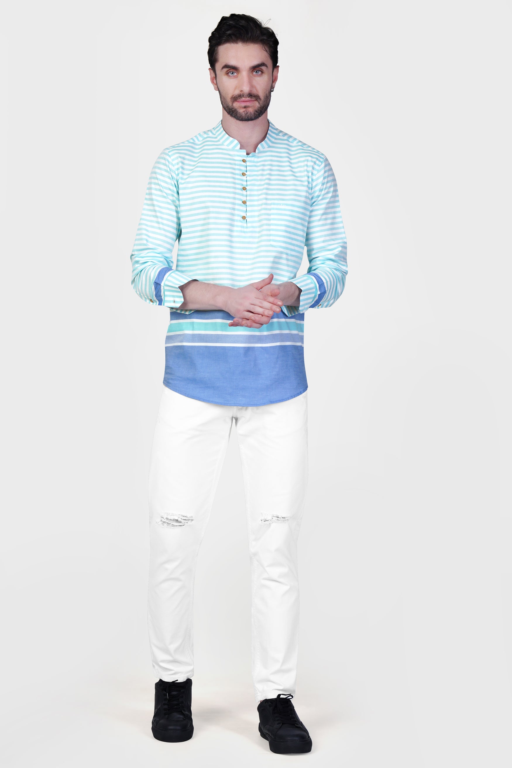 Tiffany Blue and White Striped Dobby textured Premium Giza Cotton Kurta Shirt 11950-KS-38, 11950-KS-H-38, 11950-KS-39, 11950-KS-H-39, 11950-KS-40, 11950-KS-H-40, 11950-KS-42, 11950-KS-H-42, 11950-KS-44, 11950-KS-H-44, 11950-KS-46, 11950-KS-H-46, 11950-KS-48, 11950-KS-H-48, 11950-KS-50, 11950-KS-H-50, 11950-KS-52, 11950-KS-H-52