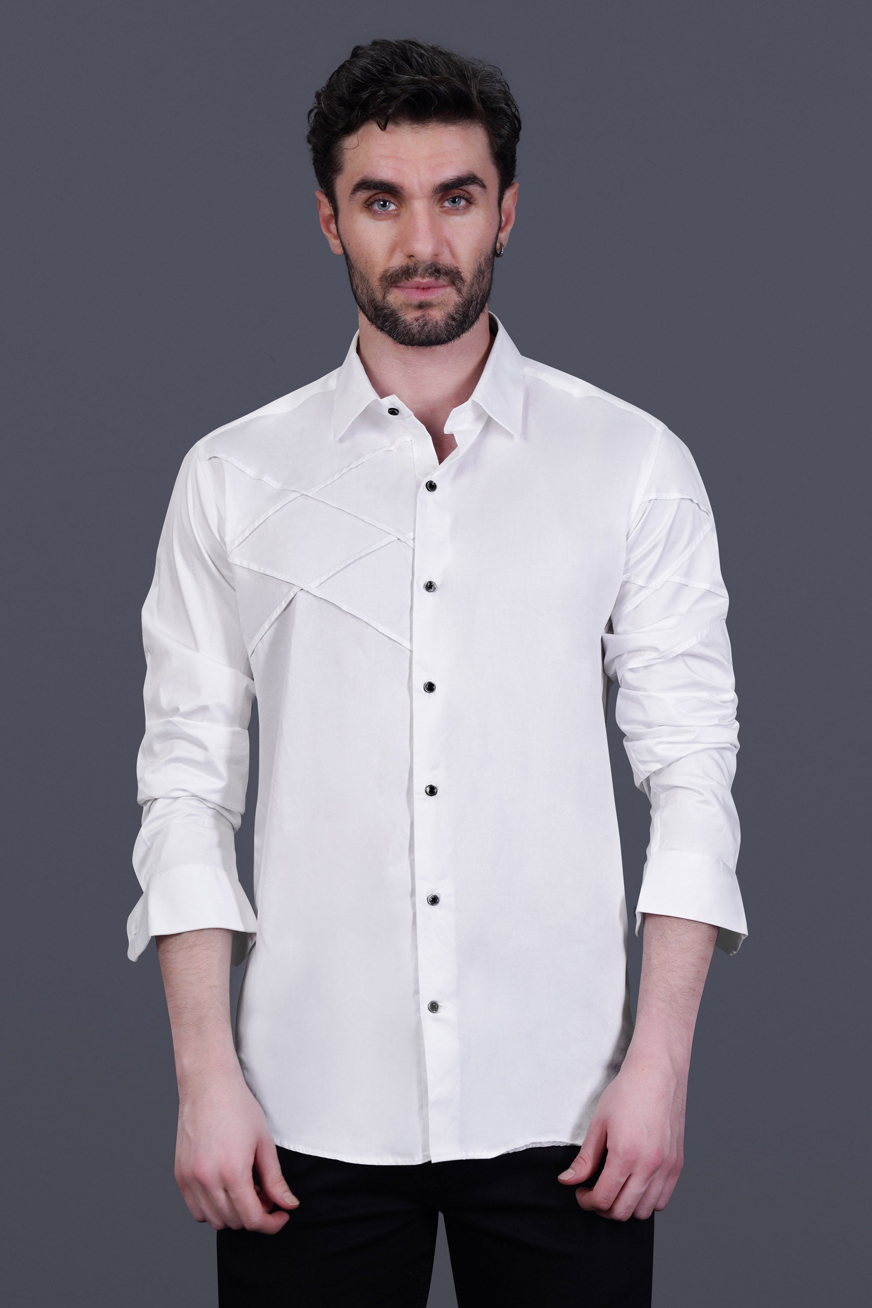Bright White Criss Cross Tucks Subtle Sheen Super Soft Premium Cotton Designer Shirt
