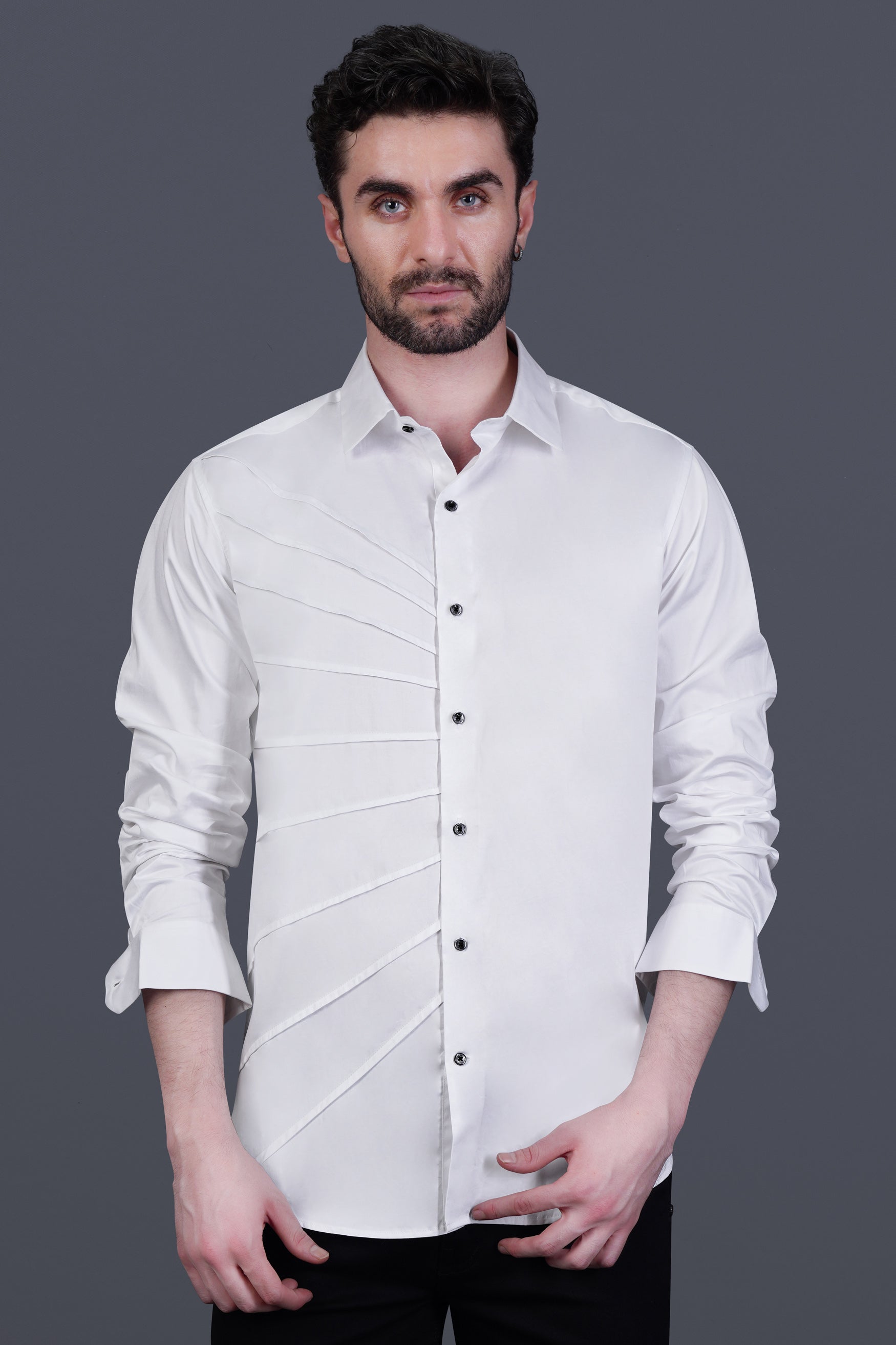 Bright White Infinite Lines Tucks Subtle Sheen Super Soft Premium Cotton Designer Shirt