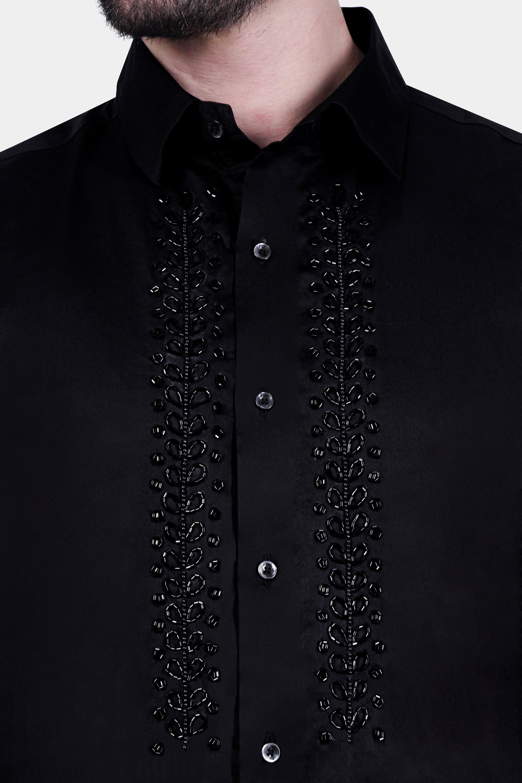 Jade Black Leaves Handcrafted Beadswork Subtle Sheen Super Soft Premium Cotton Designer Shirt
