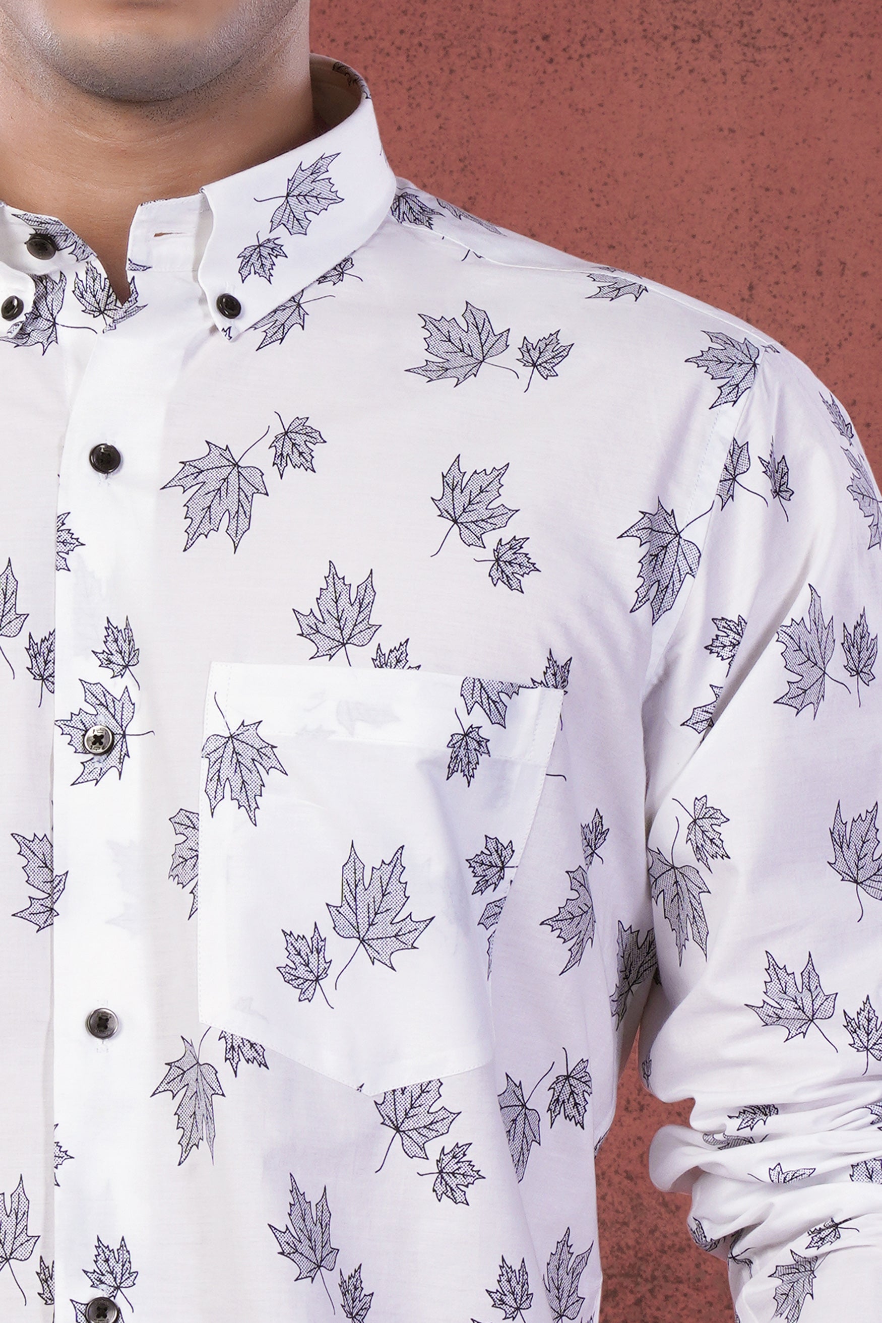 Bright White and Mauve Pink Leaves Printed Subtle Sheen Super Soft Premium Cotton Shirt