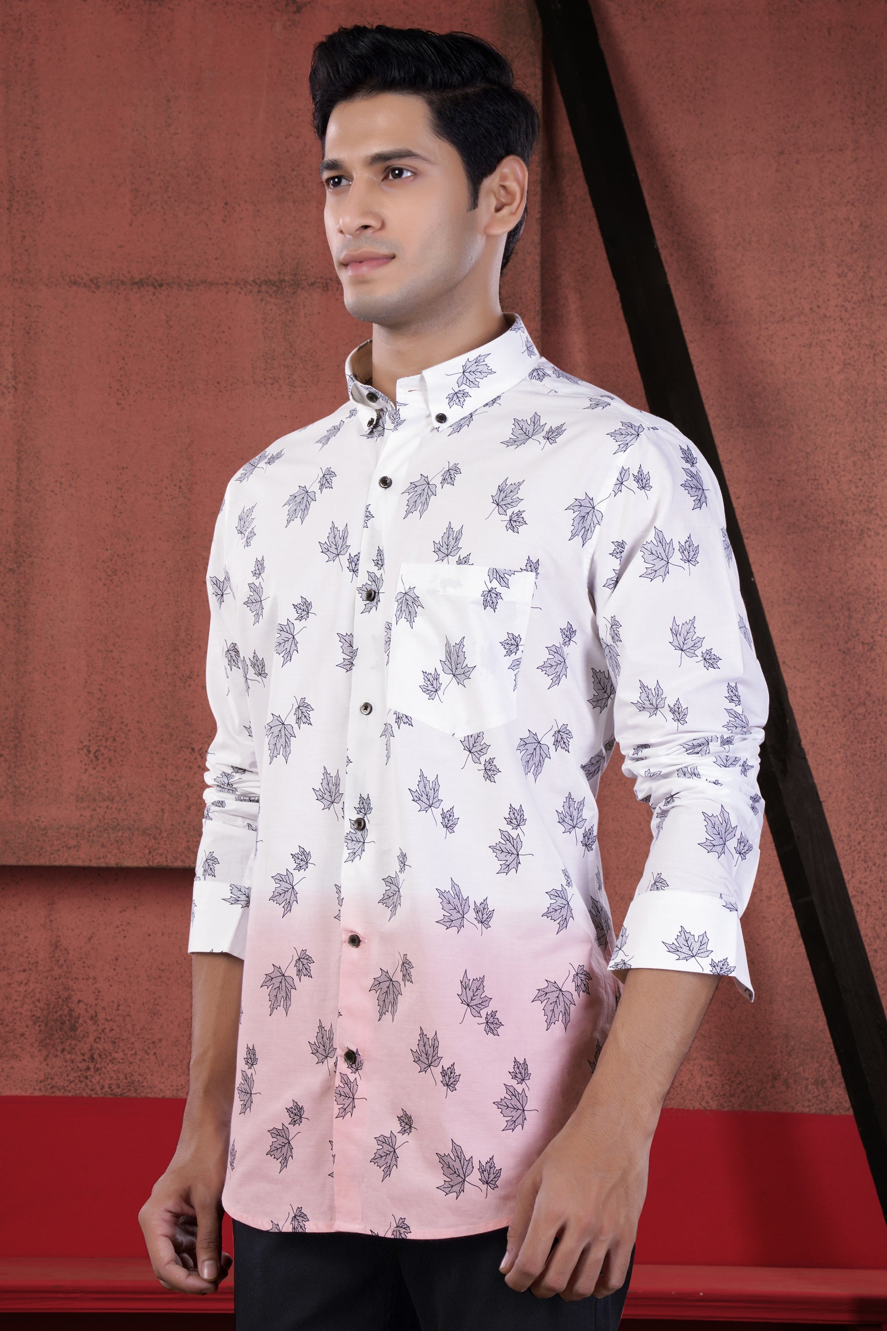 Bright White and Mauve Pink Leaves Printed Subtle Sheen Super Soft Premium Cotton Shirt