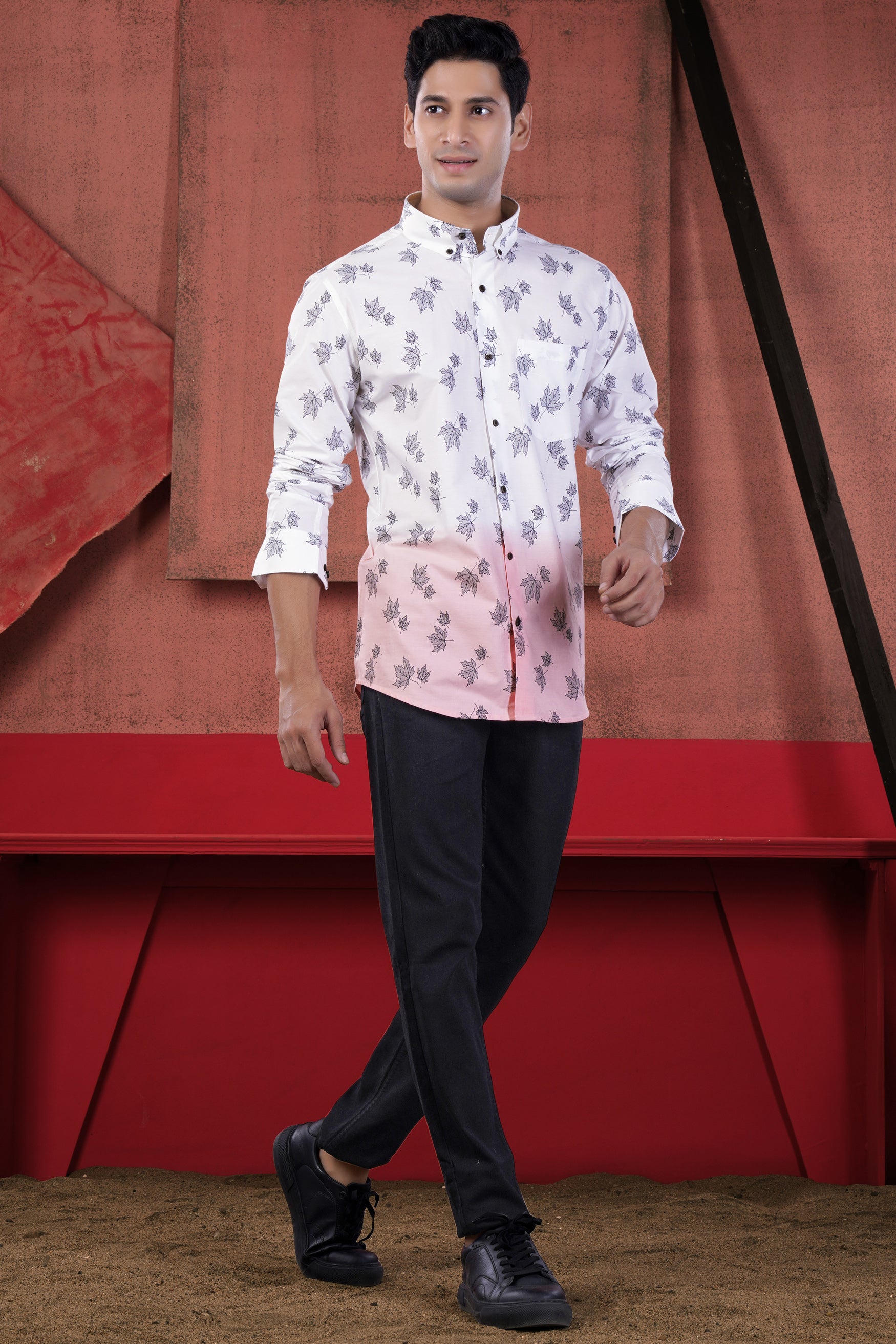 Bright White and Mauve Pink Leaves Printed Subtle Sheen Super Soft Premium Cotton Shirt