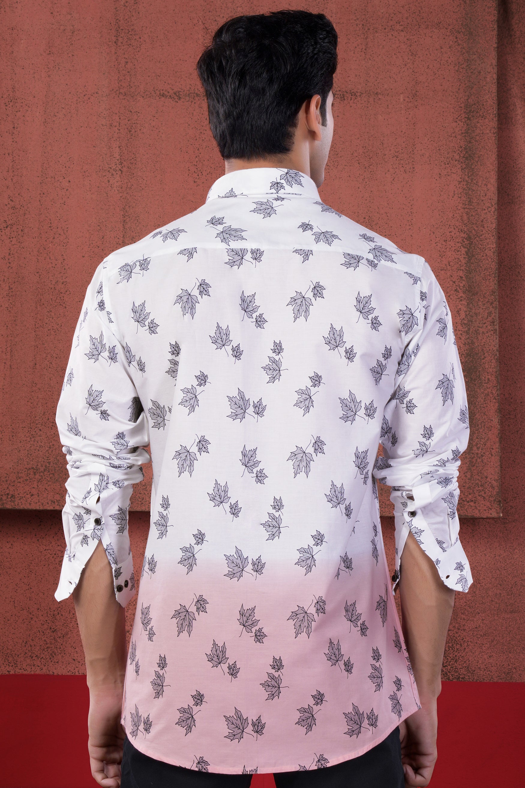 Bright White and Mauve Pink Leaves Printed Subtle Sheen Super Soft Premium Cotton Shirt