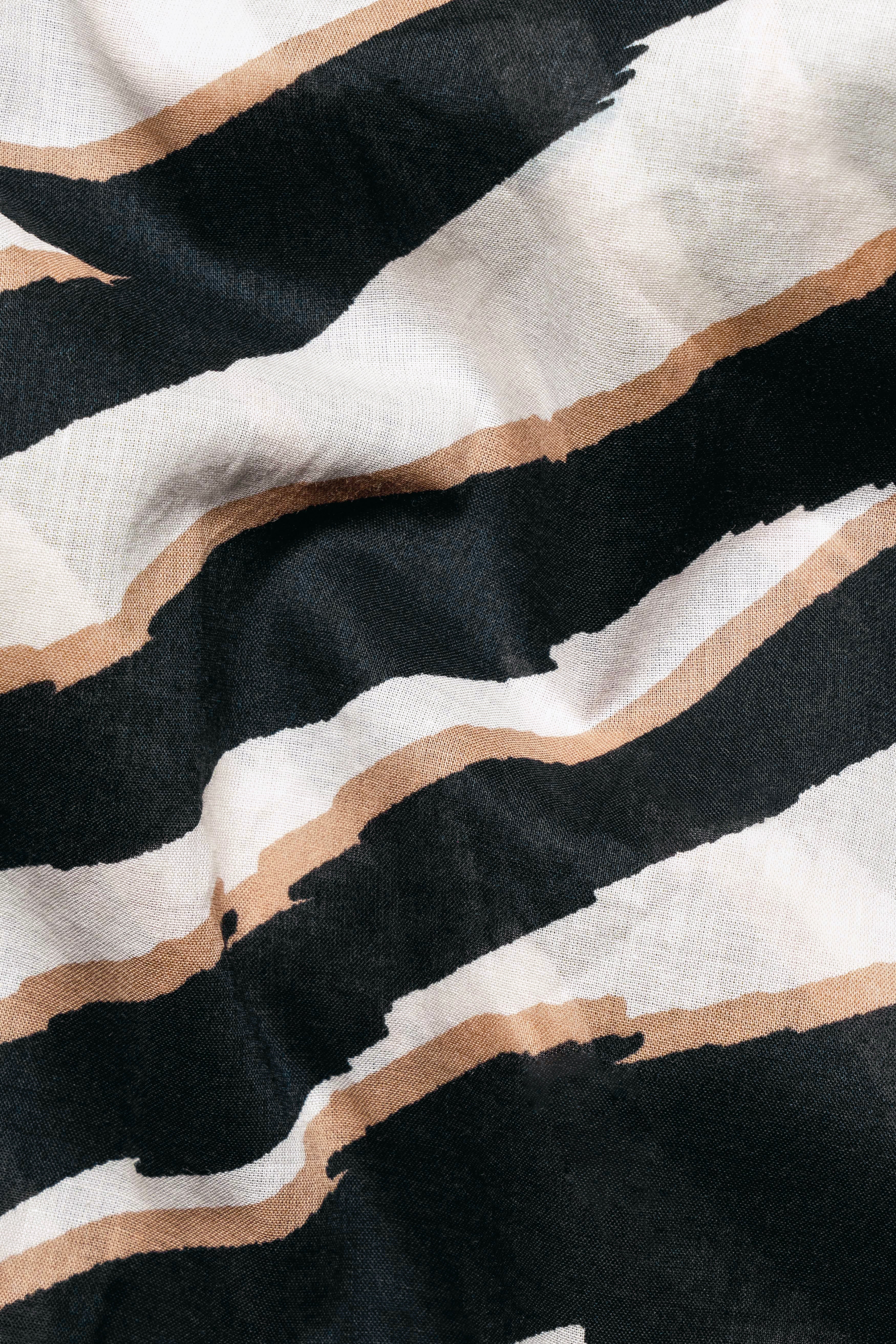 Bright White with Baltic Black and Taupe Brown Zebra Stripes Printed Premium Tencel Shirt