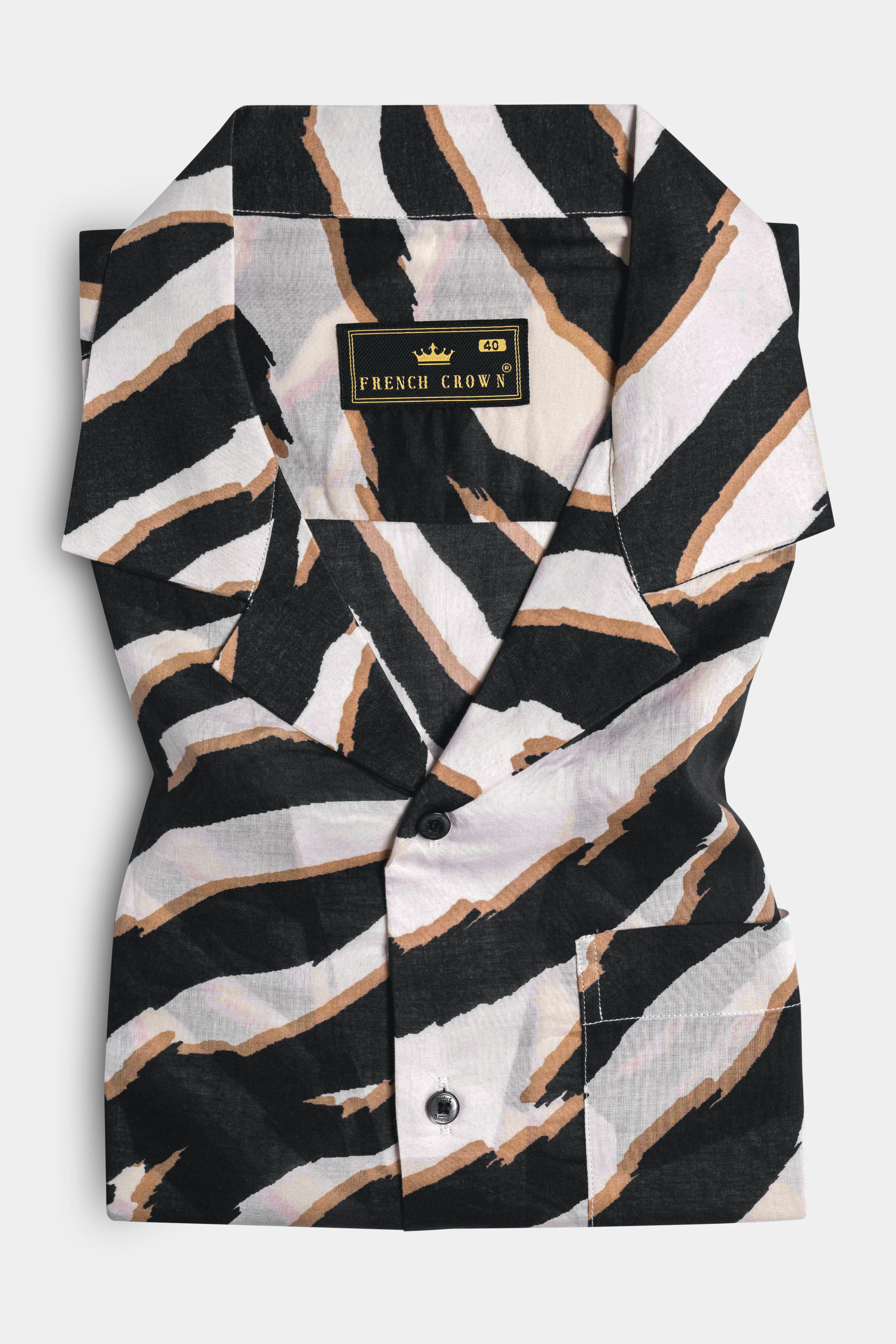 Bright White with Baltic Black and Taupe Brown Zebra Stripes Printed Premium Tencel Shirt