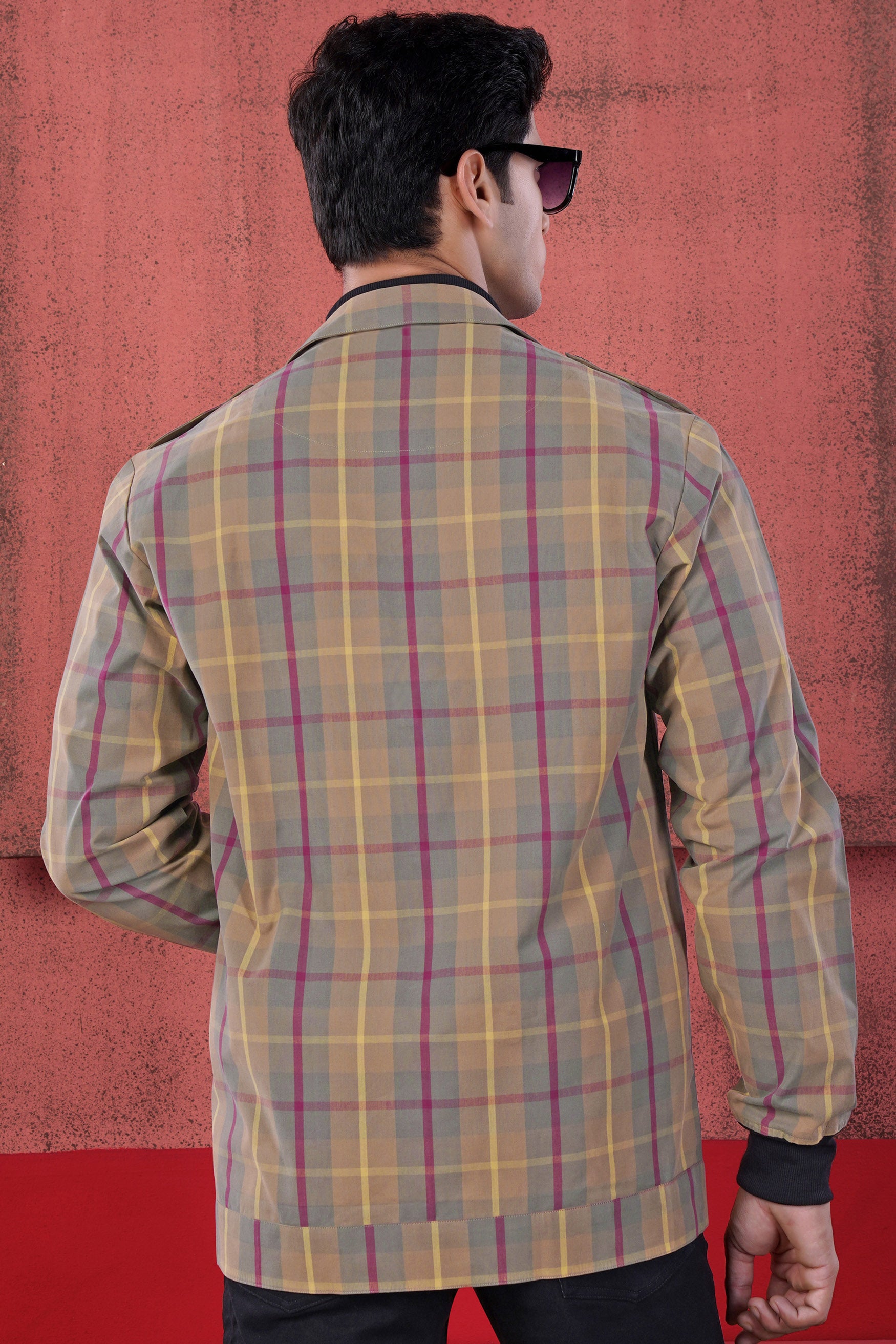Stone Brown and Raspberry Pink Twill Plaid Premium Cotton Designer Jacket