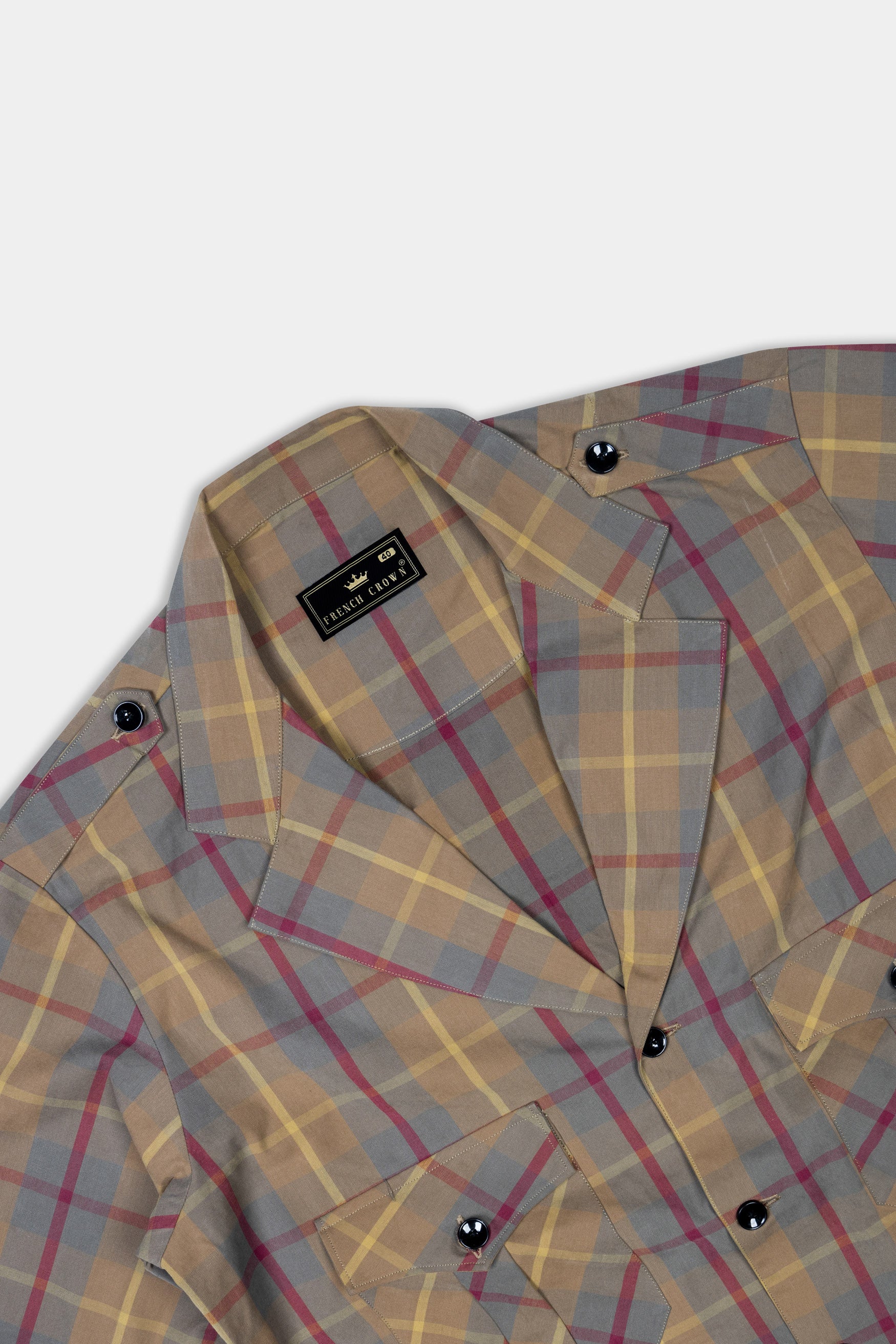 Stone Brown and Raspberry Pink Twill Plaid Premium Cotton Designer Jacket