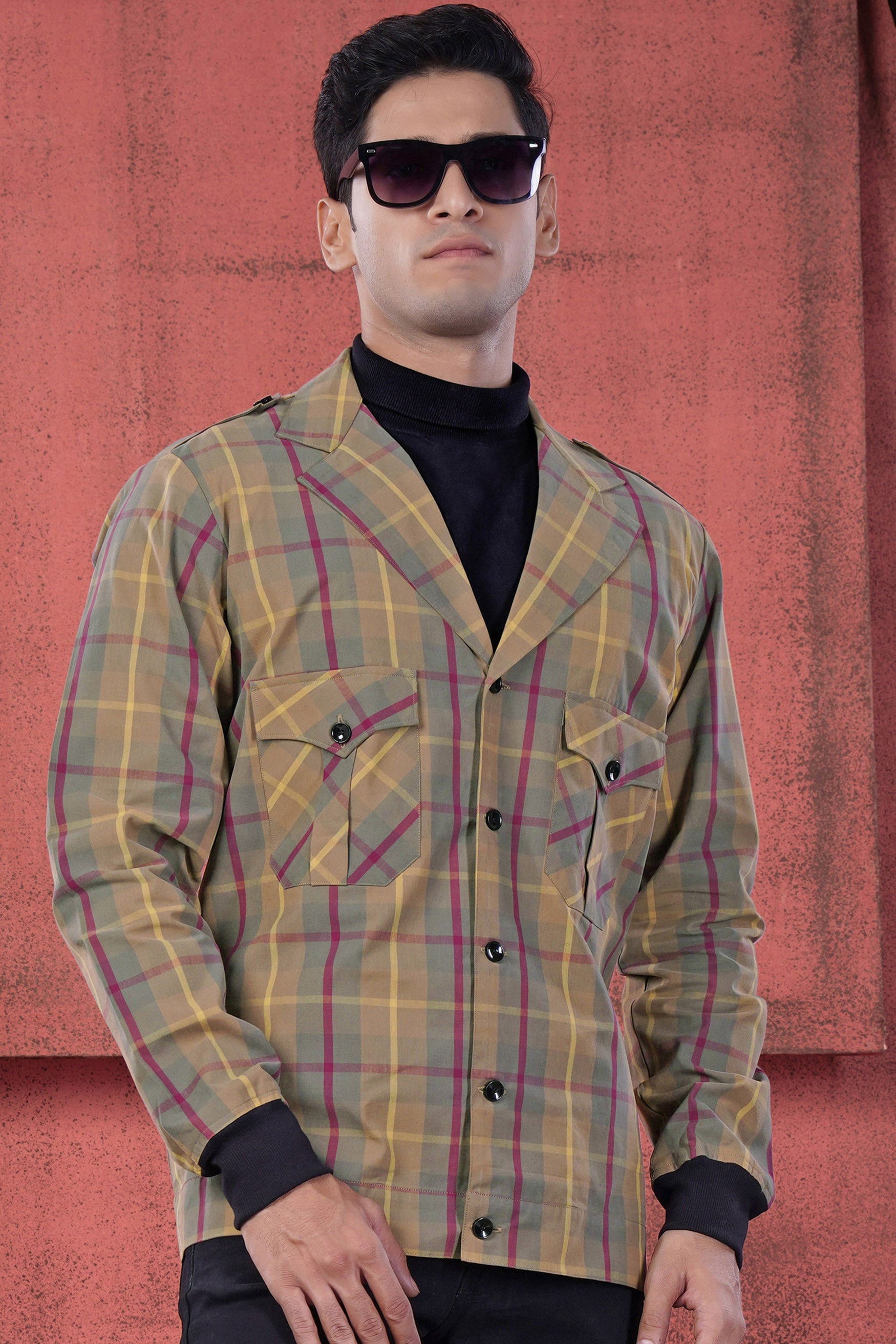 Stone Brown and Raspberry Pink Twill Plaid Premium Cotton Designer Jacket