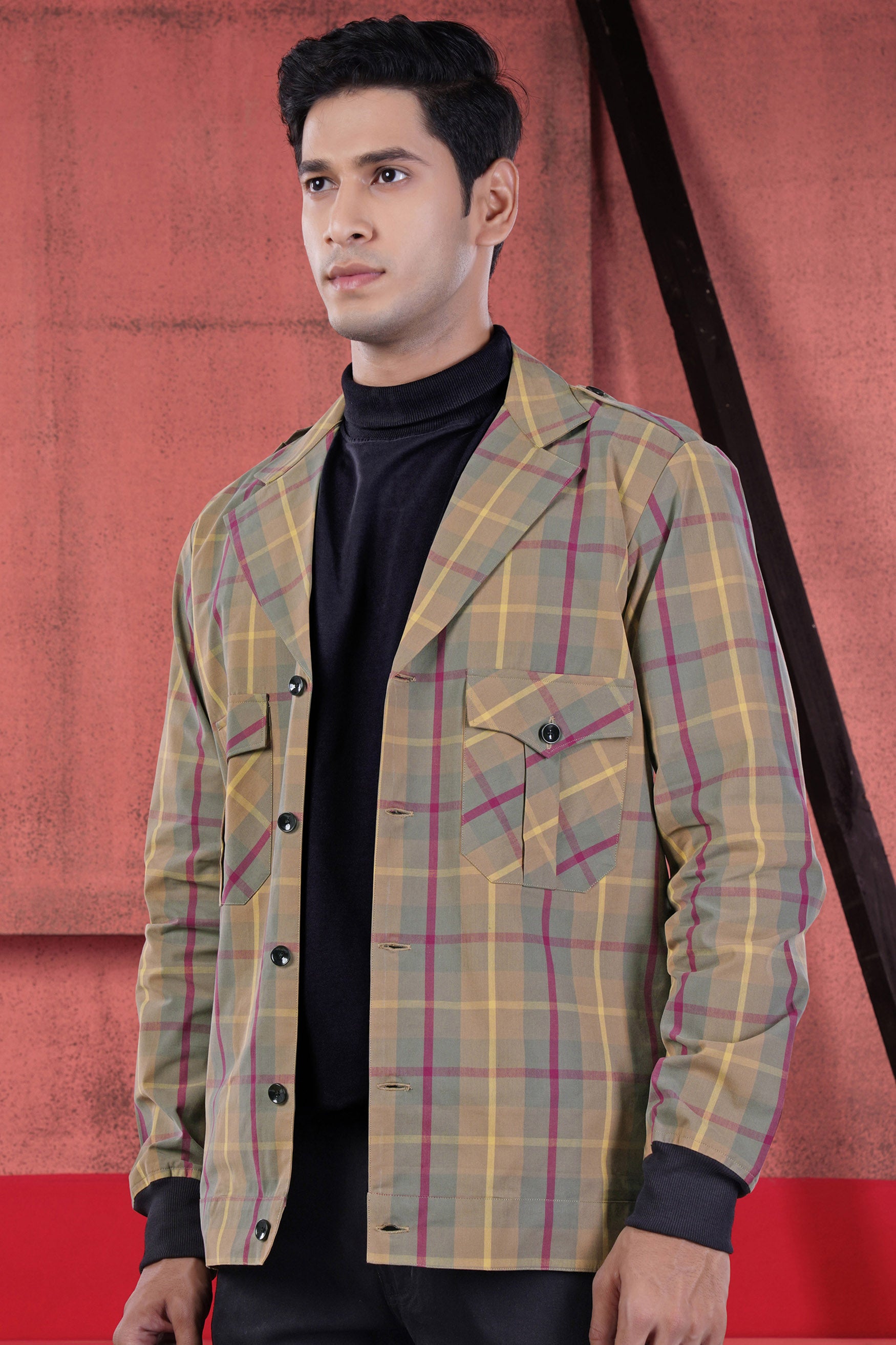 Stone Brown and Raspberry Pink Twill Plaid Premium Cotton Designer Jacket