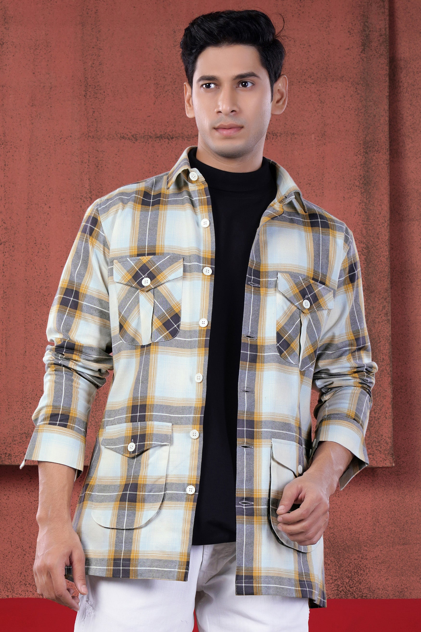 Bright White and Boulder Gray Plaid Twill Premium Cotton Designer Overshirt/Shacket