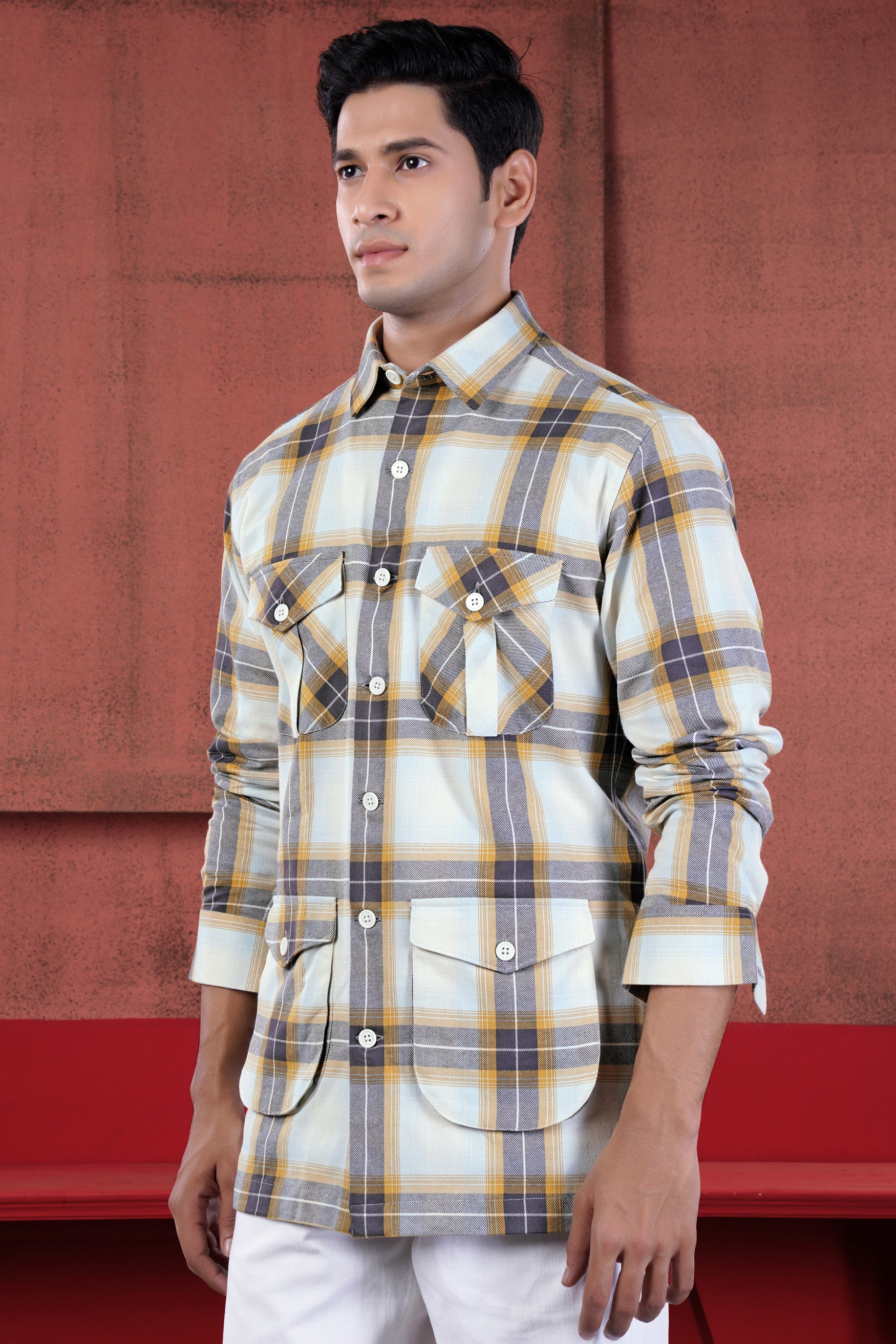 Bright White and Boulder Gray Plaid Twill Premium Cotton Designer Overshirt/Shacket