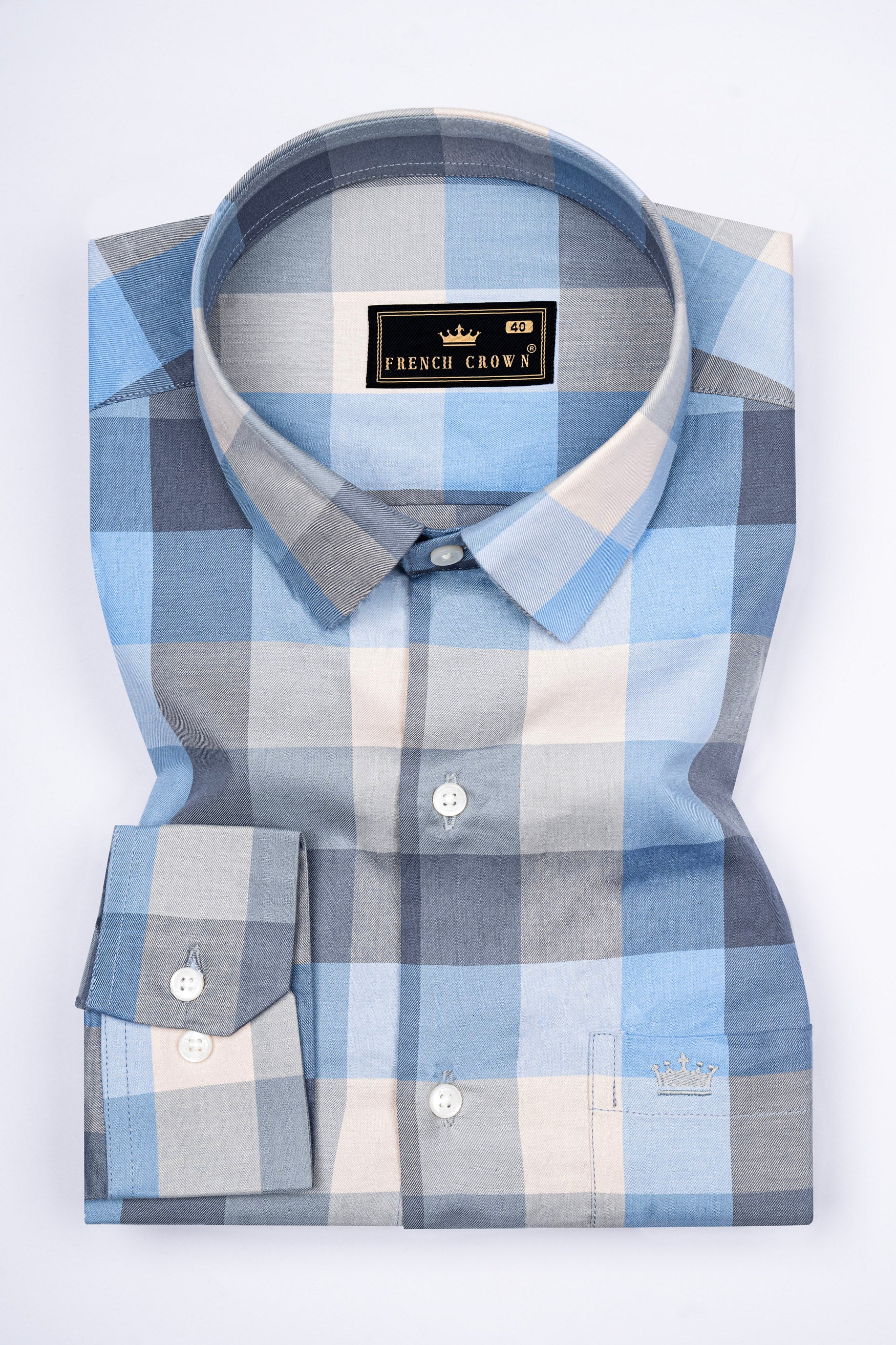 Glacier Blue and Oyster Beige Checked Twill Premium Cotton Shirt