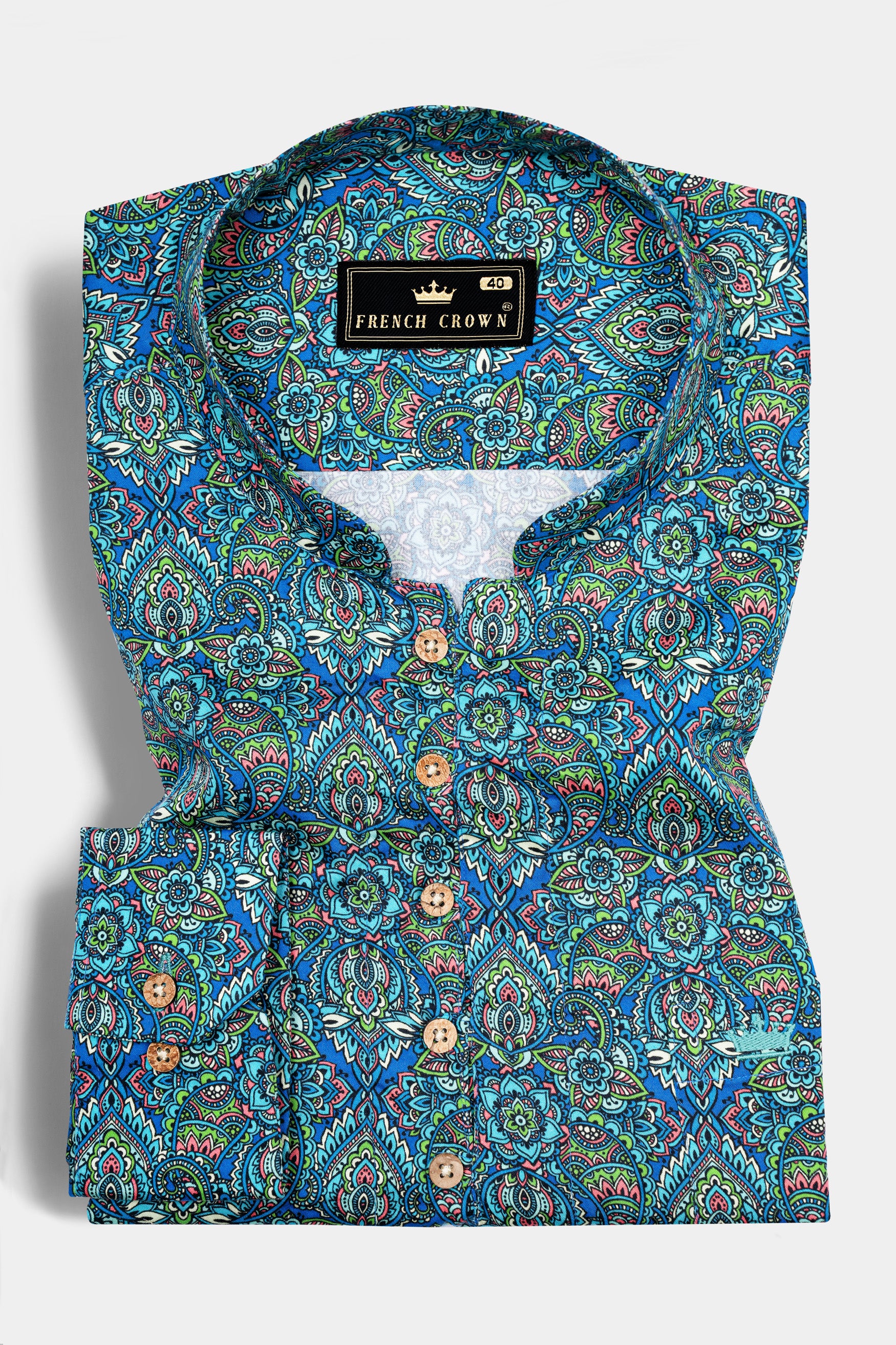Electric Blue and Parakeet Green Multicolour Floral Printed Subtle Sheen Super Soft Premium Cotton Kurta Shirt