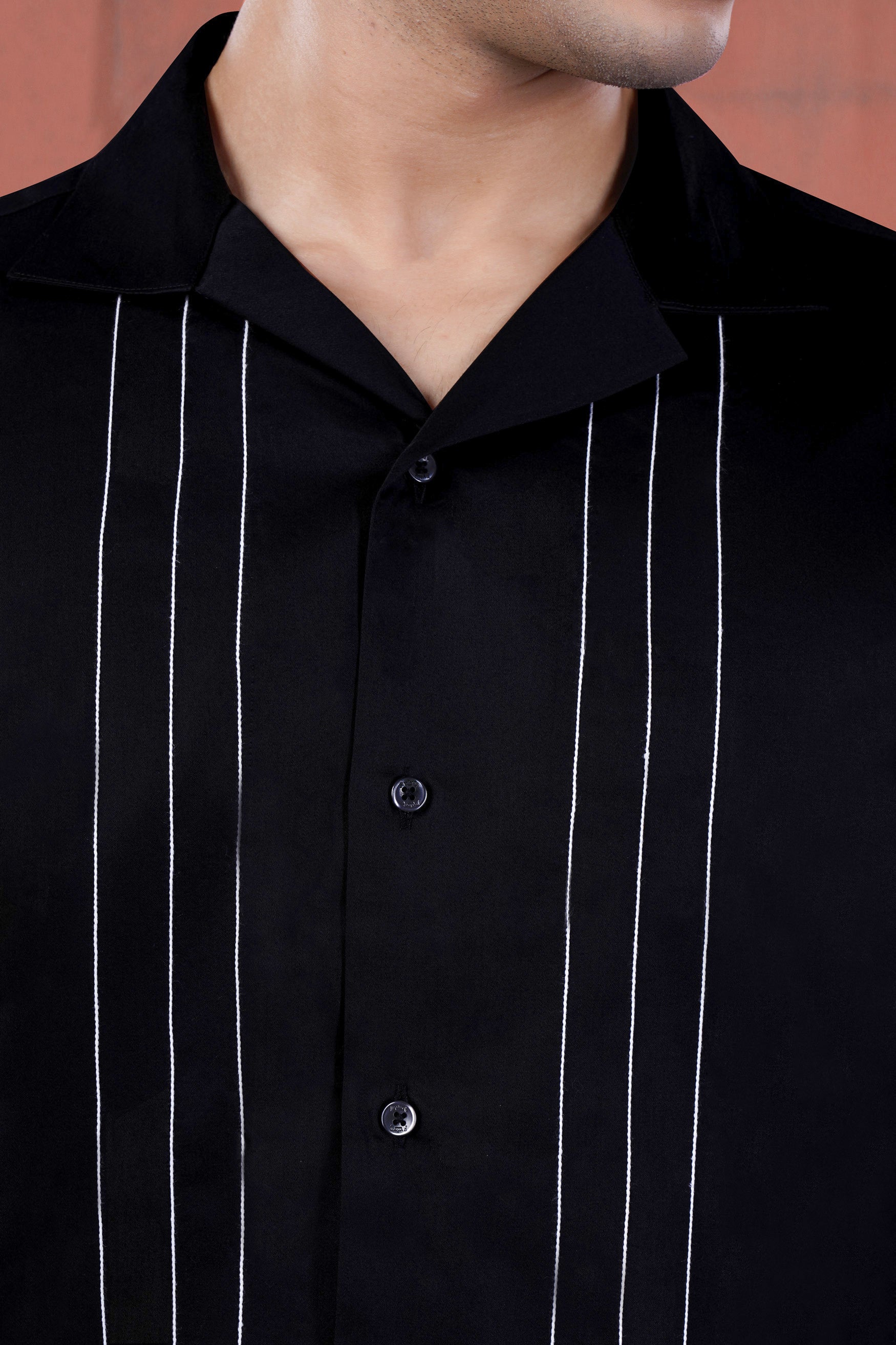 Jade Black with White Lines Stitched Subtle Sheen Super Soft Premium Cotton Designer Shirt