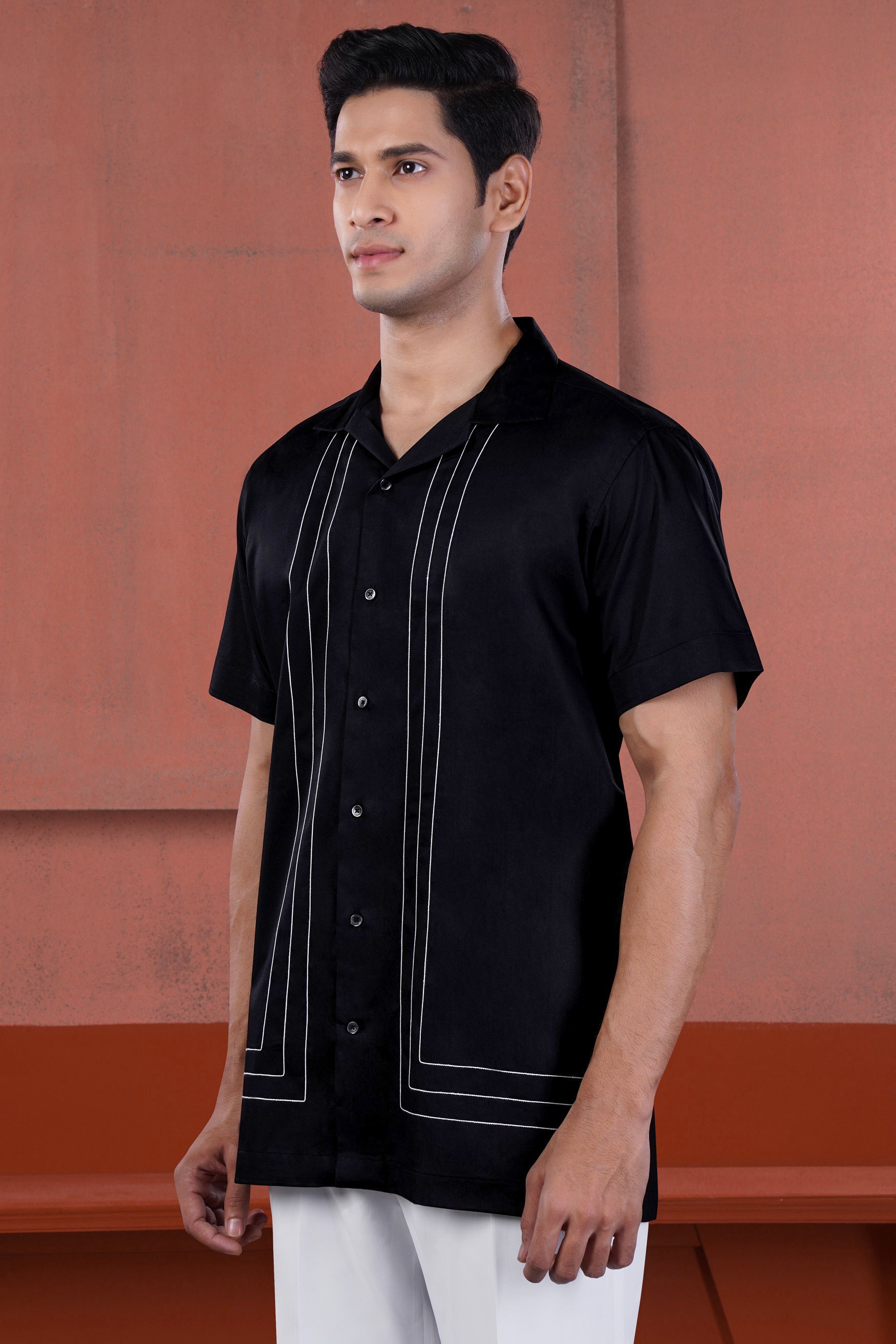 Jade Black with White Lines Stitched Subtle Sheen Super Soft Premium Cotton Designer Shirt