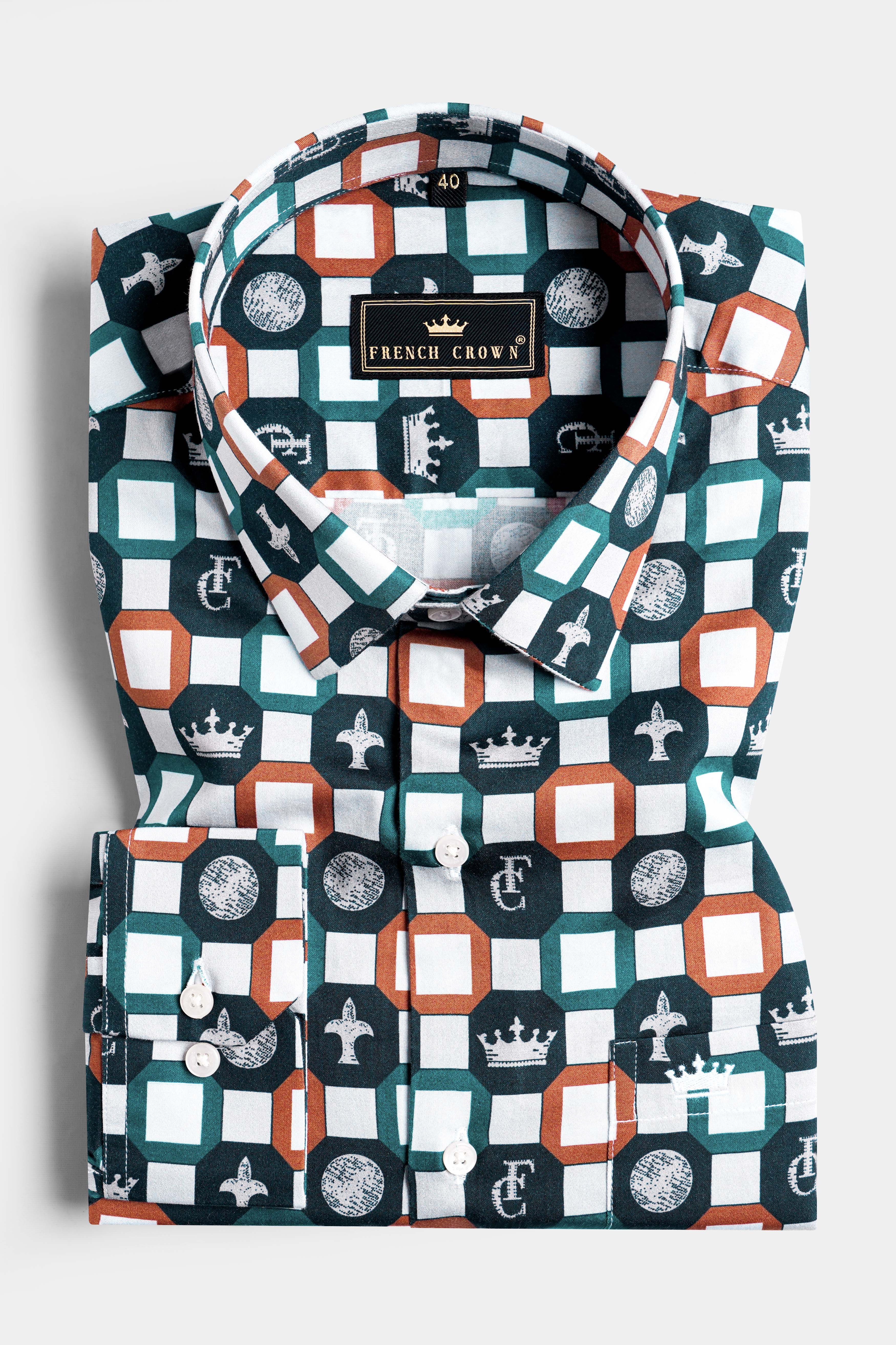 Teal Green and Bright White Multicolour Brand Elements Printed Subtle Sheen Super Soft Premium Cotton Designer Shirt 12093-38, 12093-H-38, 12093-39, 12093-H-39, 12093-40, 12093-H-40, 12093-42, 12093-H-42, 12093-44, 12093-H-44, 12093-46, 12093-H-46, 12093-48, 12093-H-48, 12093-50, 12093-H-50, 12093-52, 12093-H-52