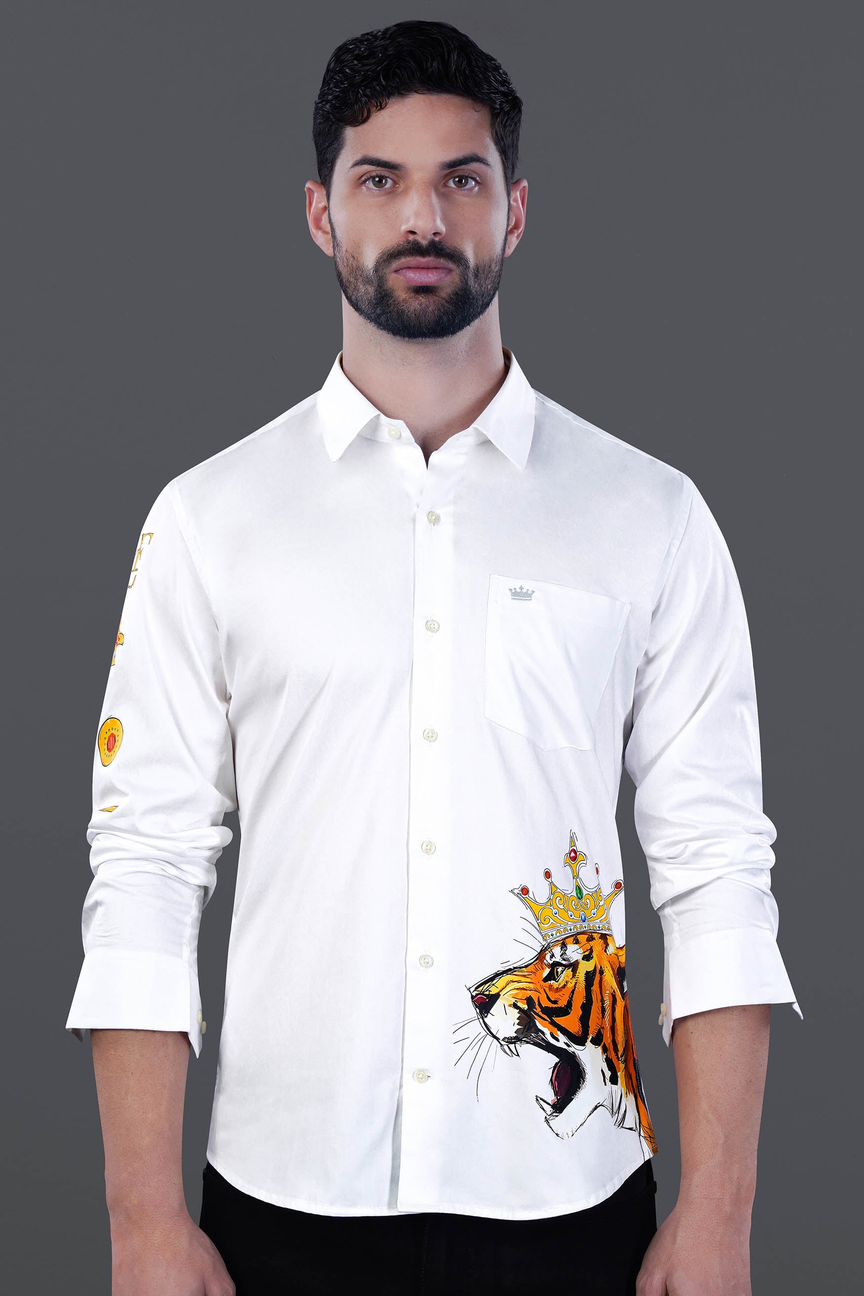 Bright White Brand Elements with Tiger Printed Premium Cotton Designer Shirt 12114-RPRT124-38, 12114-RPRT124-H-38, 12114-RPRT124-39, 12114-RPRT124-H-39, 12114-RPRT124-40, 12114-RPRT124-H-40, 12114-RPRT124-42, 12114-RPRT124-H-42, 12114-RPRT124-44, 12114-RPRT124-H-44, 12114-RPRT124-46, 12114-RPRT124-H-46, 12114-RPRT124-48, 12114-RPRT124-H-48, 12114-RPRT124-50, 12114-RPRT124-H-50, 12114-RPRT124-52, 12114-RPRT124-H-52