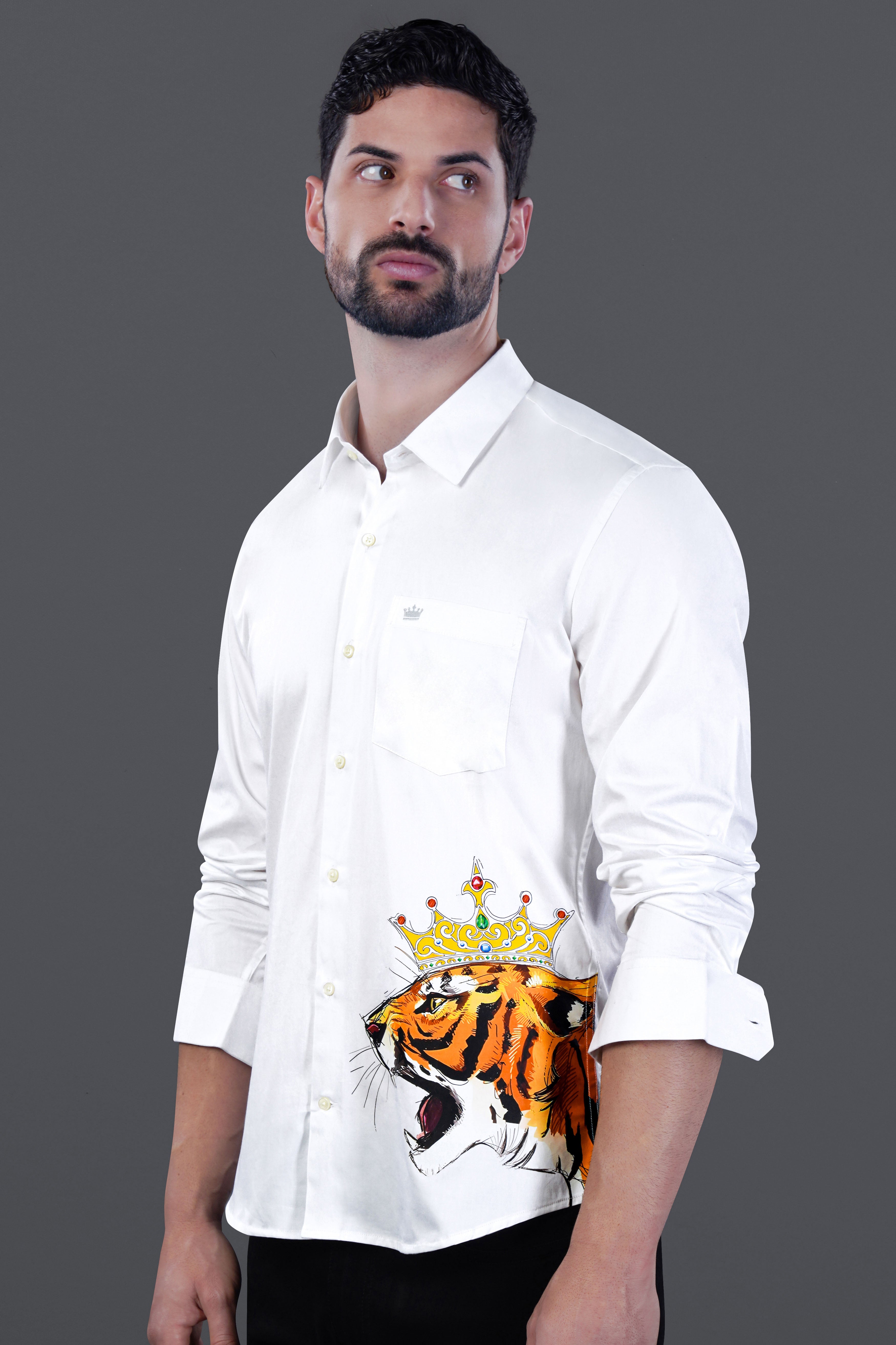 Bright White Brand Elements with Tiger Printed Premium Cotton Designer Shirt 12114-RPRT124-38, 12114-RPRT124-H-38, 12114-RPRT124-39, 12114-RPRT124-H-39, 12114-RPRT124-40, 12114-RPRT124-H-40, 12114-RPRT124-42, 12114-RPRT124-H-42, 12114-RPRT124-44, 12114-RPRT124-H-44, 12114-RPRT124-46, 12114-RPRT124-H-46, 12114-RPRT124-48, 12114-RPRT124-H-48, 12114-RPRT124-50, 12114-RPRT124-H-50, 12114-RPRT124-52, 12114-RPRT124-H-52