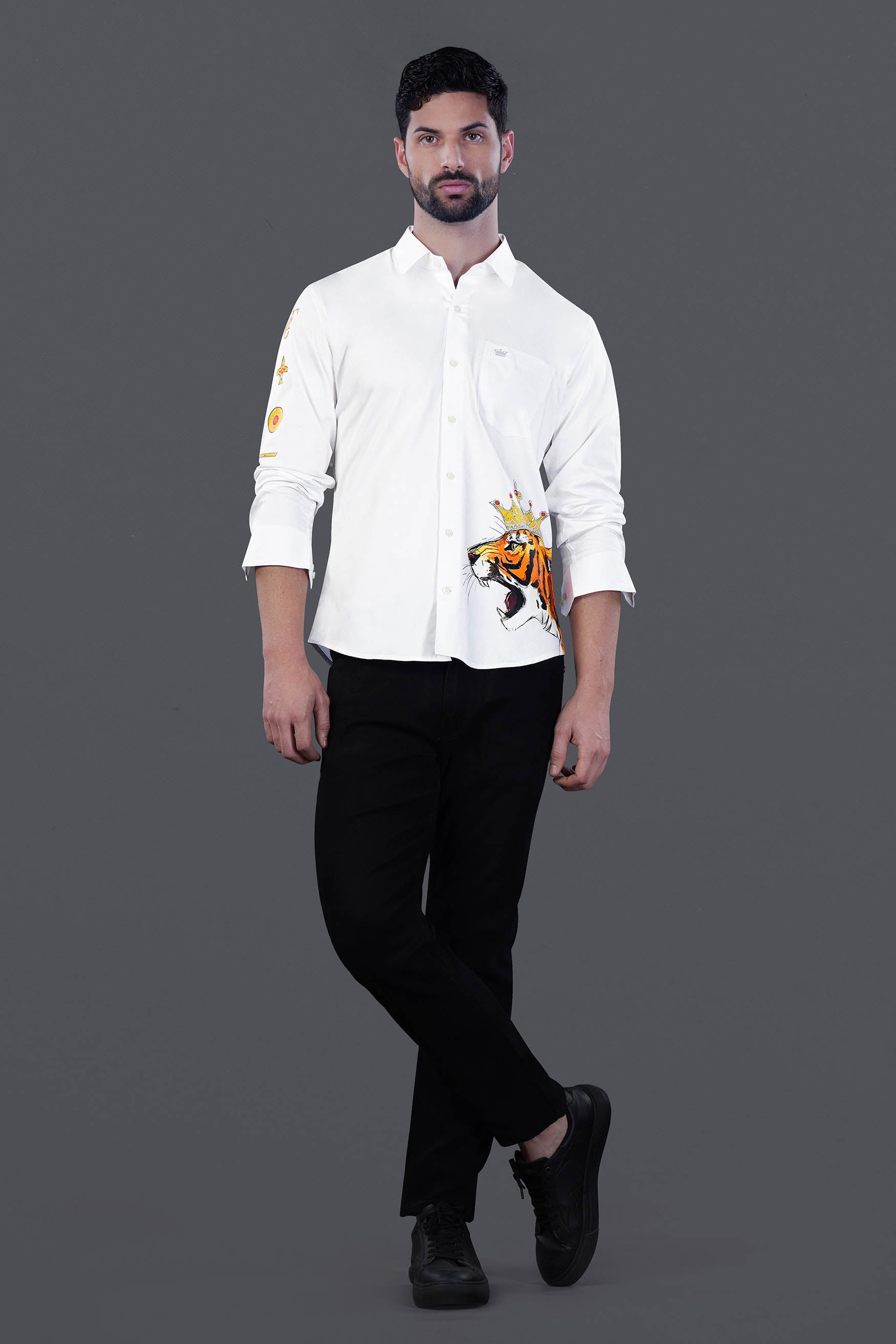 Bright White Brand Elements with Tiger Printed Premium Cotton Designer Shirt 12114-RPRT124-38, 12114-RPRT124-H-38, 12114-RPRT124-39, 12114-RPRT124-H-39, 12114-RPRT124-40, 12114-RPRT124-H-40, 12114-RPRT124-42, 12114-RPRT124-H-42, 12114-RPRT124-44, 12114-RPRT124-H-44, 12114-RPRT124-46, 12114-RPRT124-H-46, 12114-RPRT124-48, 12114-RPRT124-H-48, 12114-RPRT124-50, 12114-RPRT124-H-50, 12114-RPRT124-52, 12114-RPRT124-H-52