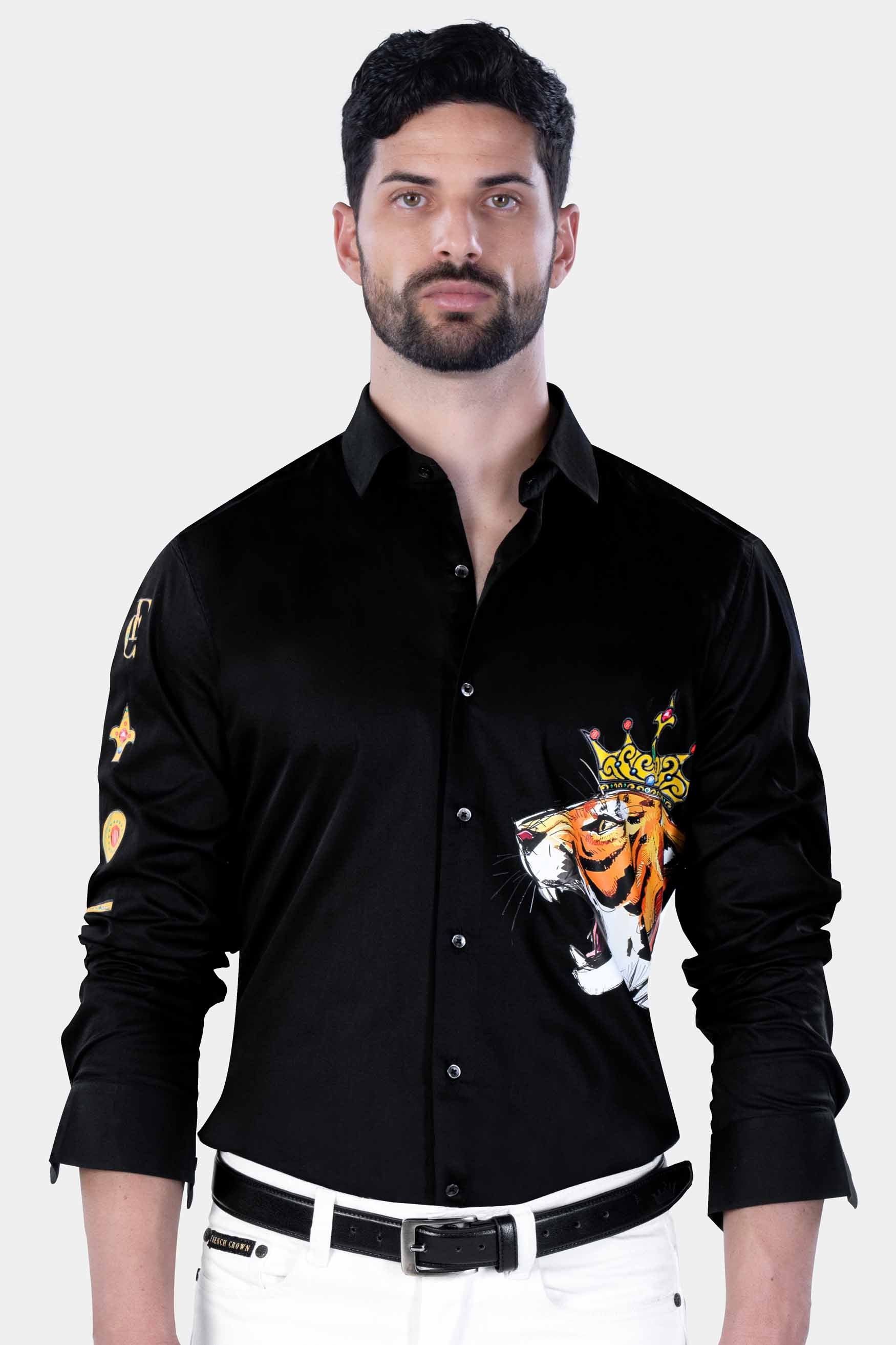Jade Black Brand Elements with Tiger Printed Subtle Sheen Super Soft Premium Cotton Designer Shirt 12117-BLK-RPRT124-38, 12117-BLK-RPRT124-H-38, 12117-BLK-RPRT124-39, 12117-BLK-RPRT124-H-39, 12117-BLK-RPRT124-40, 12117-BLK-RPRT124-H-40, 12117-BLK-RPRT124-42, 12117-BLK-RPRT124-H-42, 12117-BLK-RPRT124-44, 12117-BLK-RPRT124-H-44, 12117-BLK-RPRT124-46, 12117-BLK-RPRT124-H-46, 12117-BLK-RPRT124-48, 12117-BLK-RPRT124-H-48, 12117-BLK-RPRT124-50, 12117-BLK-RPRT124-H-50, 12117-BLK-RPRT124-52, 12117-BLK-RPRT124-H-52