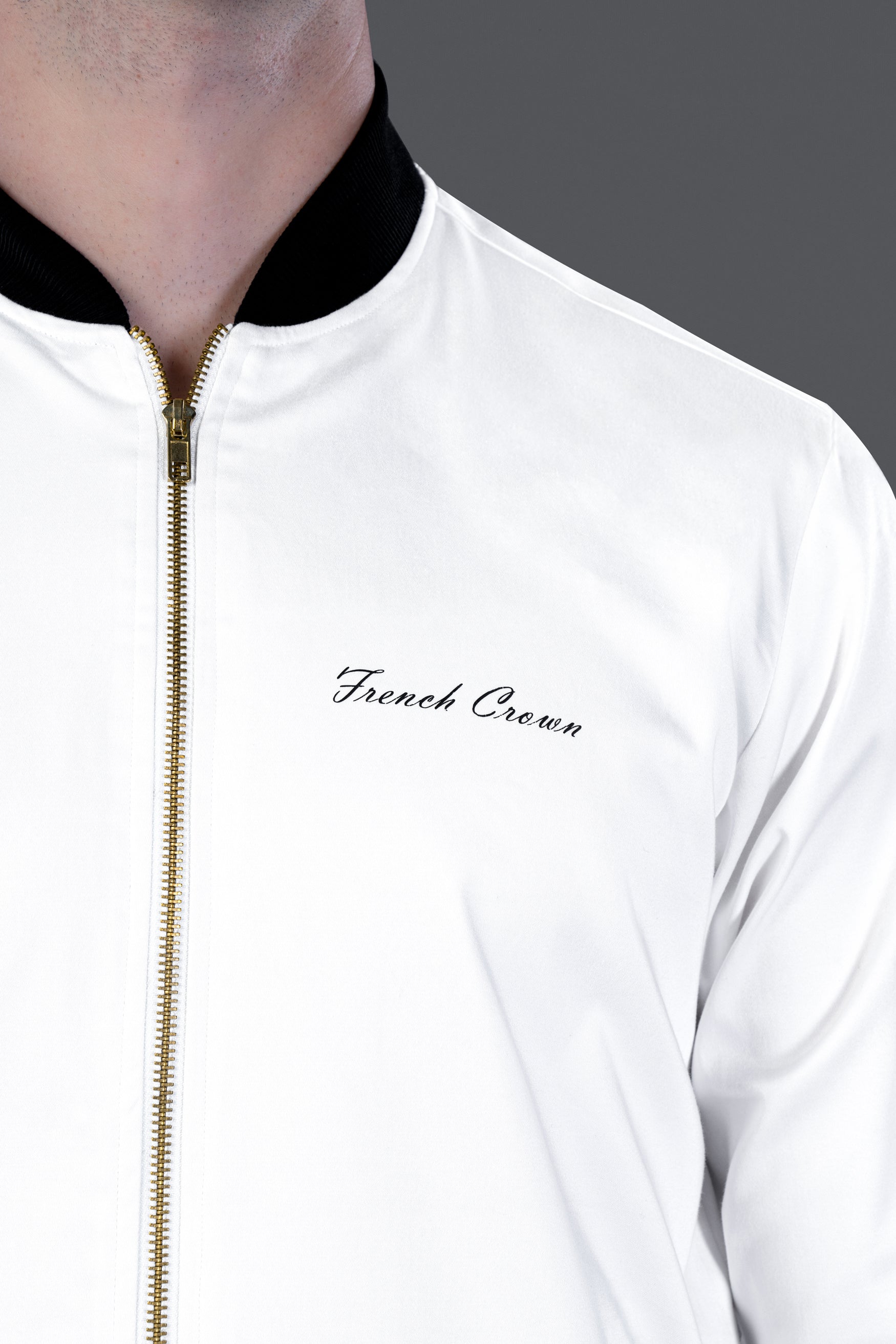 Bright White Lion Embroidered Chambray Designer Bomber Jacket